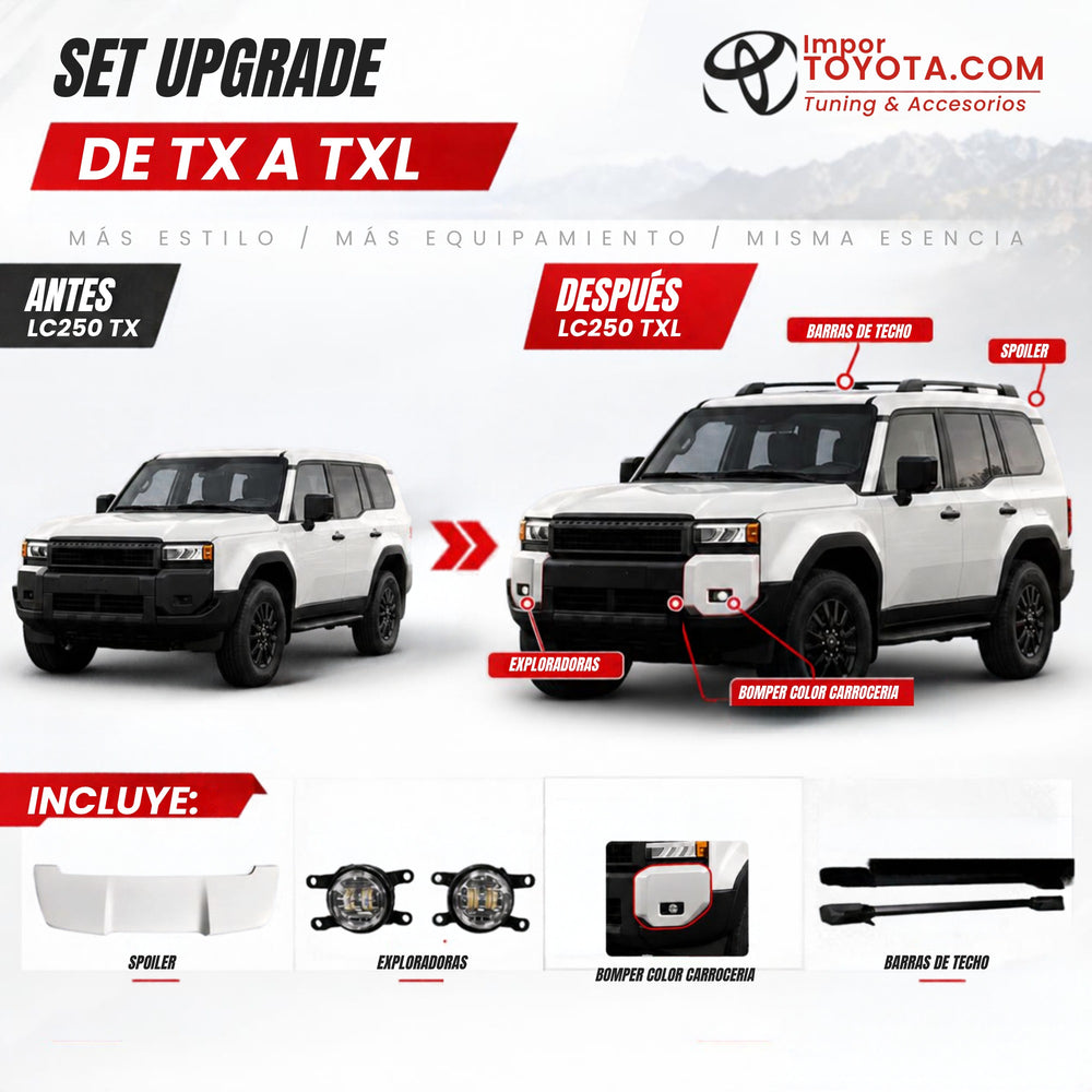 Set Upgrade TX a TXL Toyota Prado LC250: antes y después con spoiler, exploradoras, bómper color carrocería y barras de techo