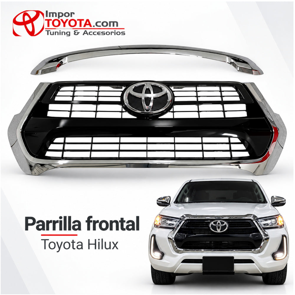 Persiana cromada Toyota Hilux Revo 2021-2025 con moldura superior e instalada en la camioneta