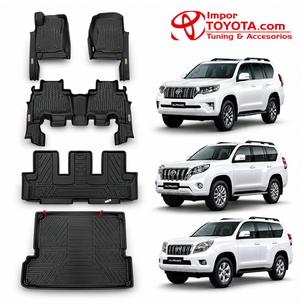 Tapete termoformado 5D Toyota Prado 1+2+3 fila y baúl 2010-2024 - juego completo 1era, 2da, 3era fila y baúl - Importoyota