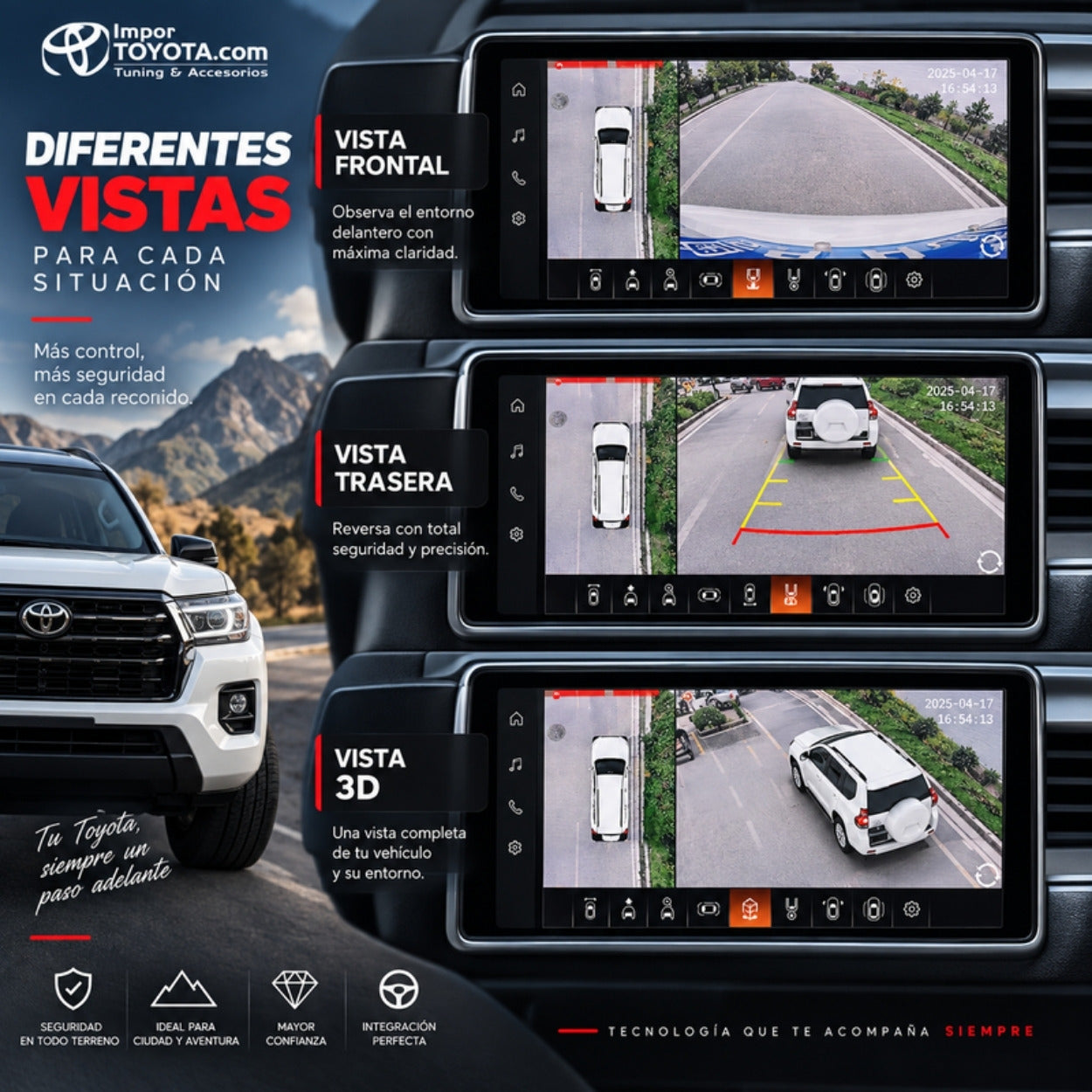 Cámara 360 3D AI para Toyota - vistas frontal, trasera y 3D en pantalla - Importoyota Colombia