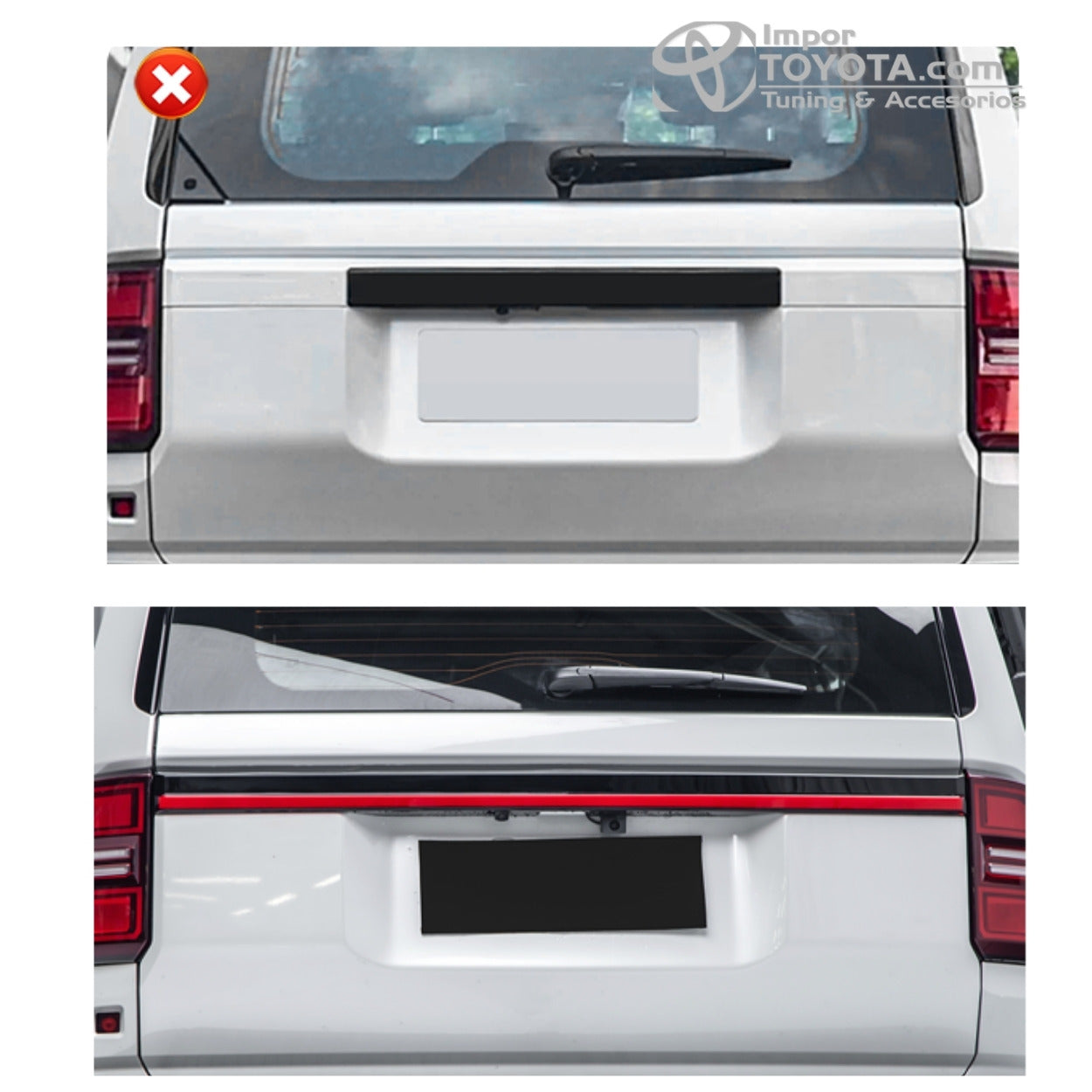 Puerta trasera Prado LC250 sin y con bisel LED stop, comparación - Importoyota Colombia