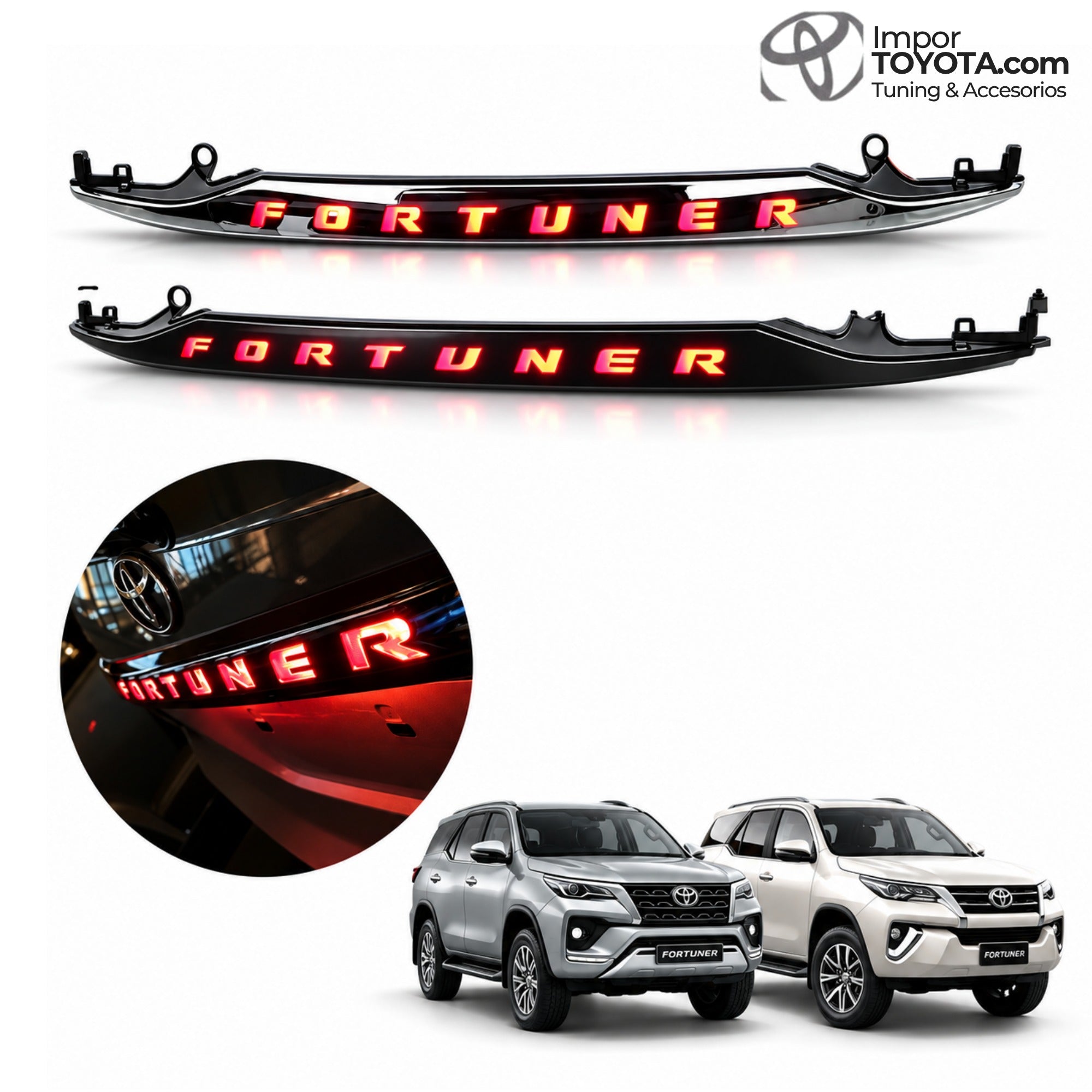 Bisel LED TRD para puerta trasera Toyota Fortuner 2016-2022 - versiones cromado y negro mate encendidas - Importoyota
