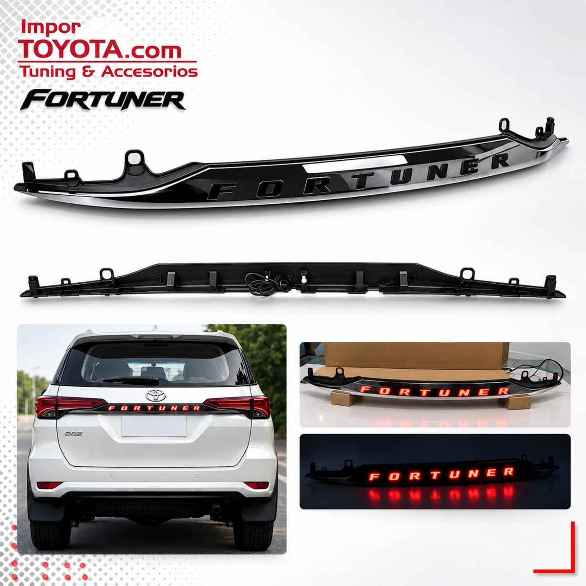 Bisel LED TRD para puerta trasera Toyota Fortuner 2016-2022 - cromado, vista de montaje e instalado - Importoyota