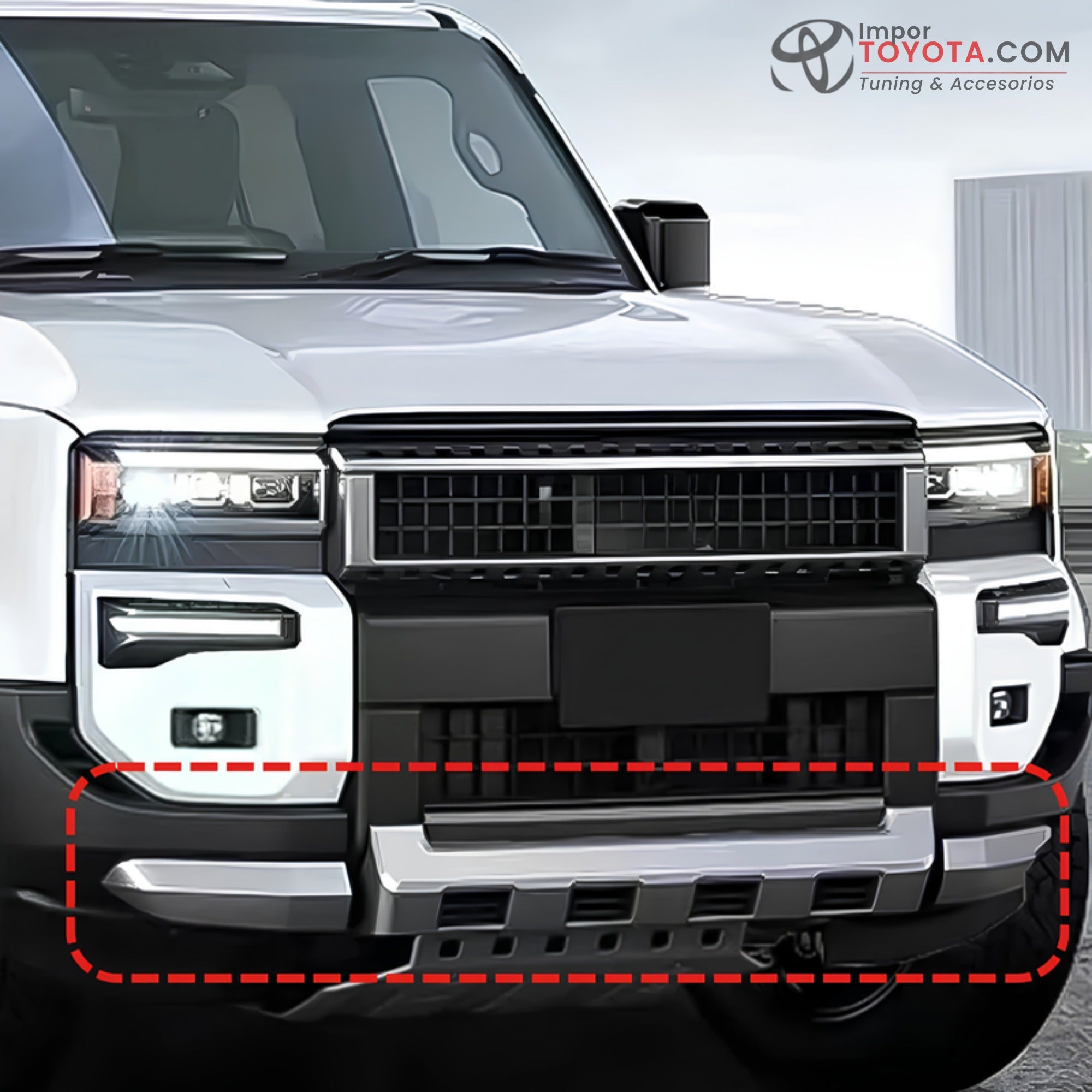 Body Kit Prado LC250 - detalle del protector delantero instalado - Importoyota Colombia