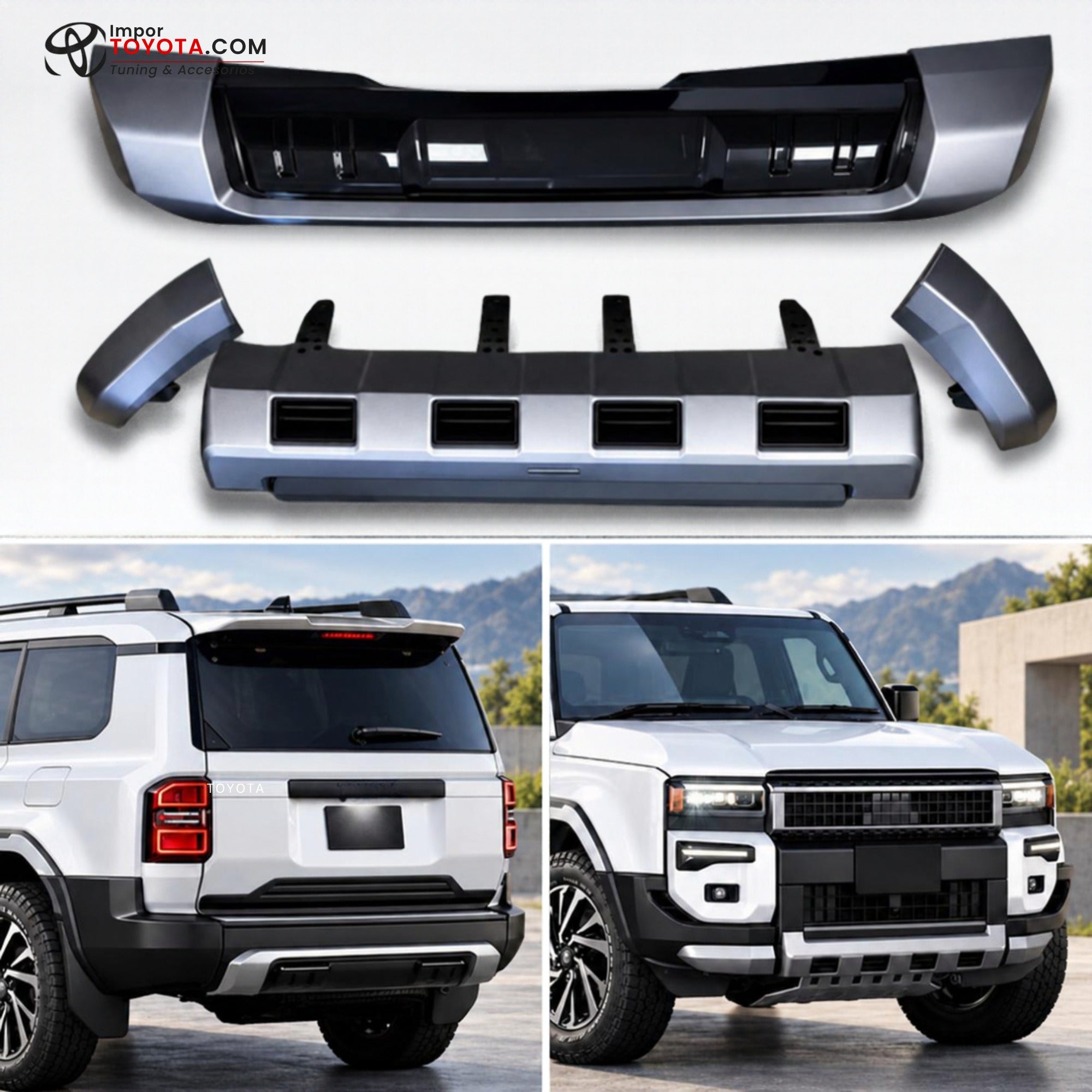 Body Kit Toyota Prado LC250 - piezas delanteras y traseras, vista instalada frontal y trasera - Importoyota Colombia