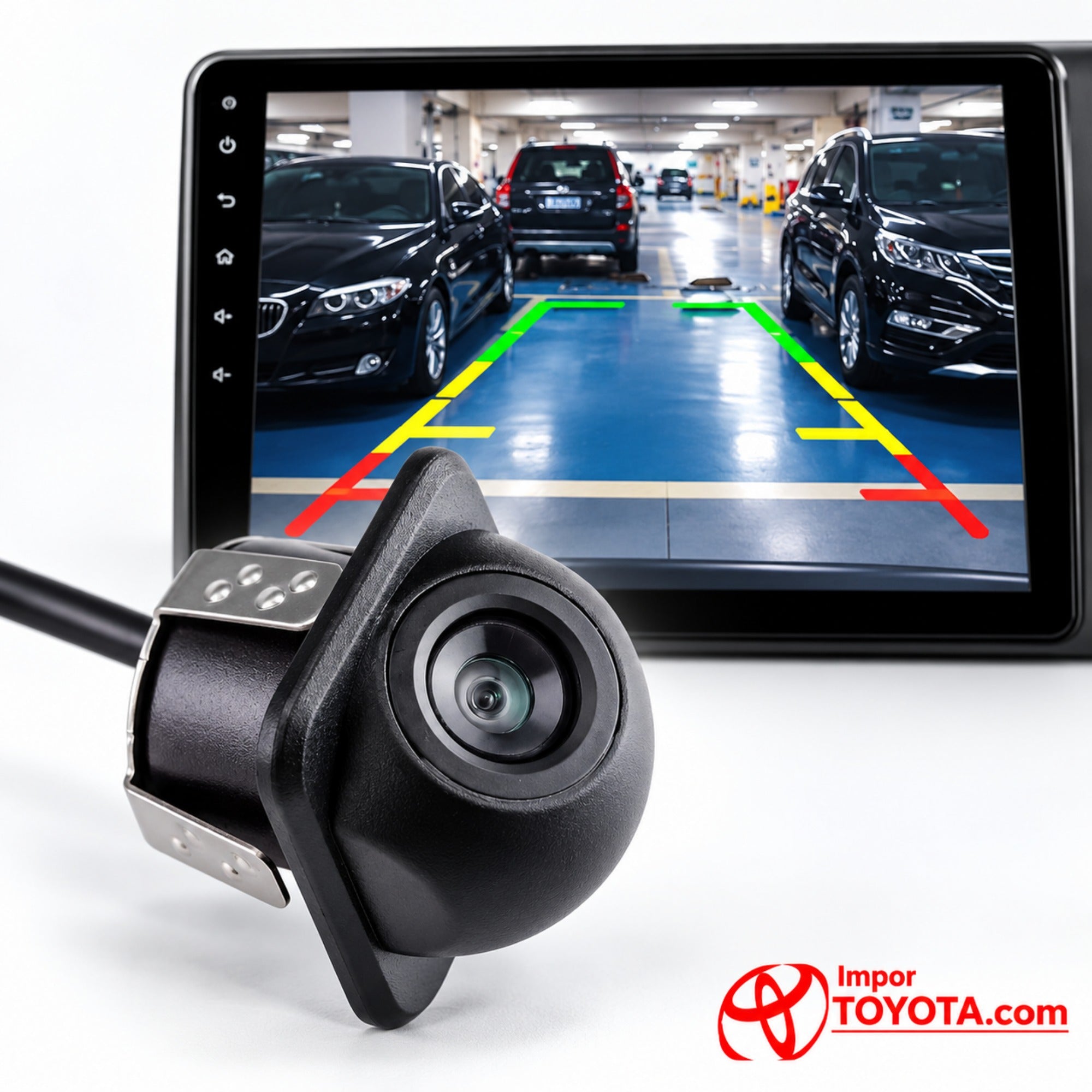 Cámara domo HD 180° reversa universal para Toyota - con líneas guía de parqueo en pantalla - Importoyota