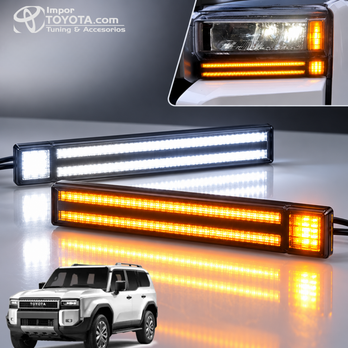 DRL doble línea LED para Toyota Land Cruiser Prado LC250 2024-2025 - luz blanca y direccional ámbar - Importoyota Colombia