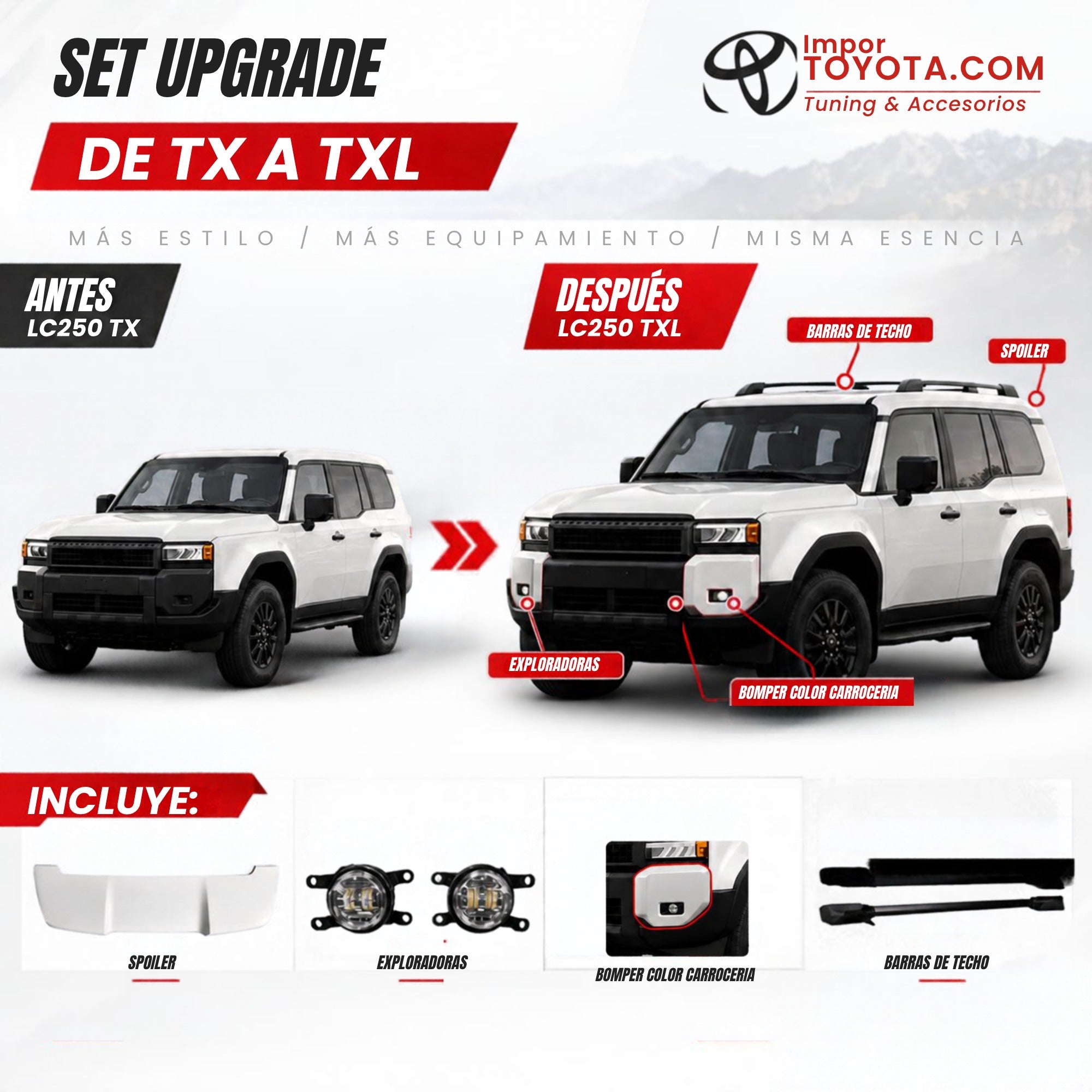 Set Upgrade TX a TXL Toyota Prado LC250: antes y después con spoiler, exploradoras, bómper color carrocería y barras de techo
