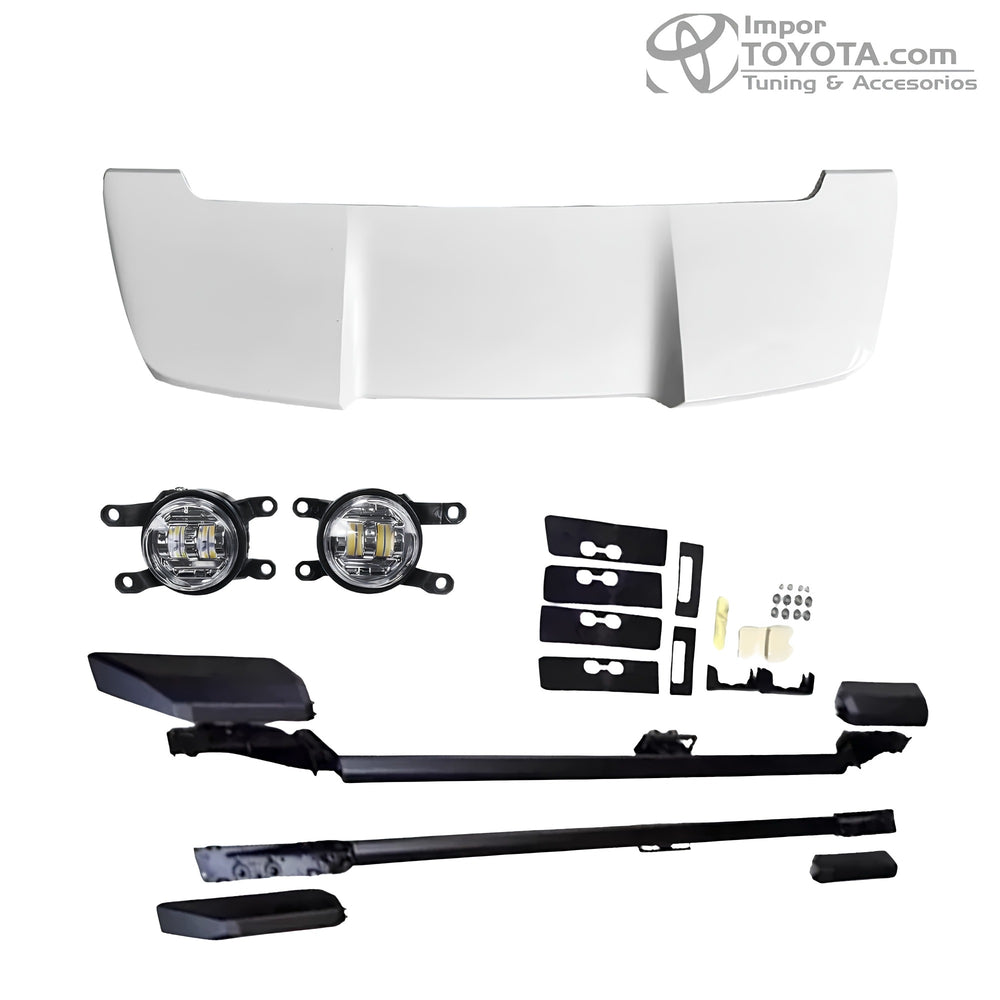 Contenido del Kit TX a TXL Prado LC250: spoiler, exploradoras LED, tapas del bómper y barras de techo