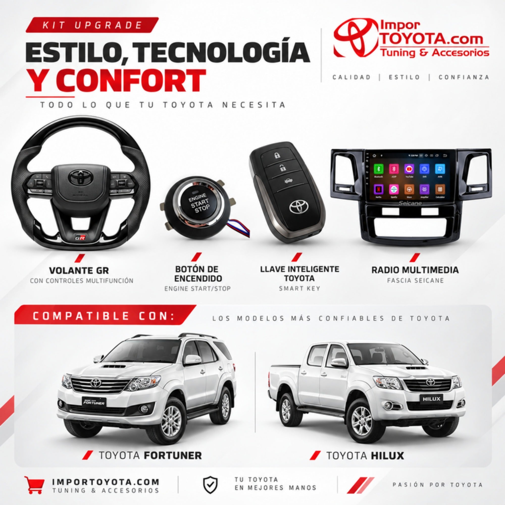 Kit Upgrade Interior - volante GR con controles multifunción, botón Engine Start/Stop, llave inteligente Toyota y radio multimedia con fascia - Fortuner e Hilux - Importoyota Colombia