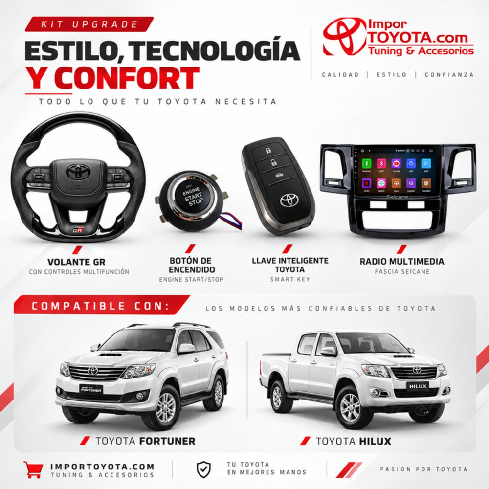Kit Upgrade Interior - volante GR con controles multifunción, botón Engine Start/Stop, llave inteligente Toyota y radio multimedia con fascia - Fortuner e Hilux - Importoyota Colombia