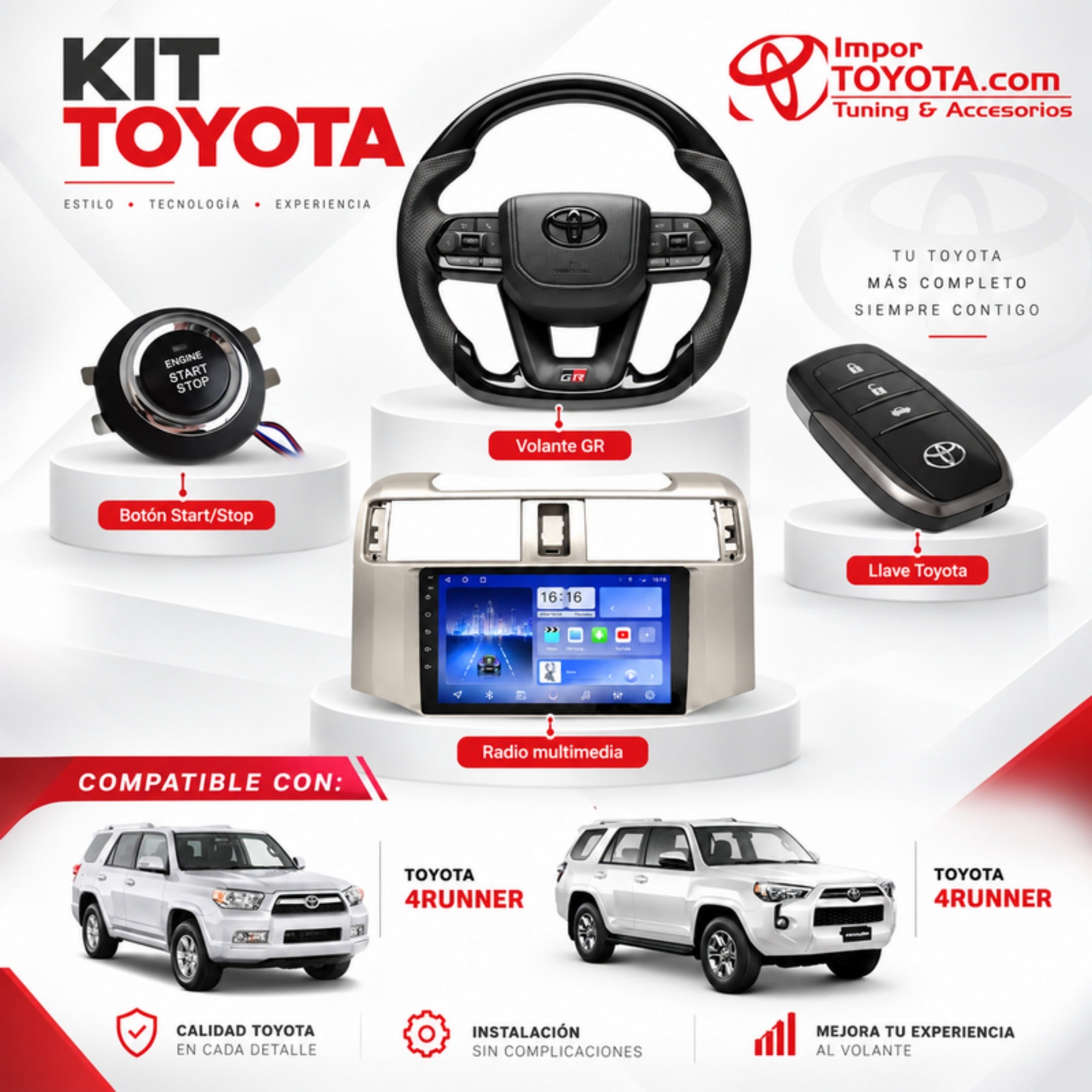 Kit Upgrade Interior para Toyota 4Runner - volante GR, botón Start/Stop, llave Toyota y radio multimedia - Importoyota Colombia
