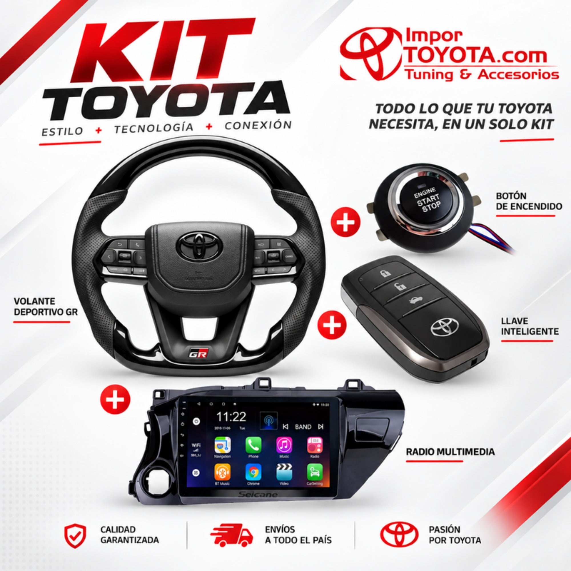 Kit Upgrade Interior para Toyota - volante deportivo GR, botón de encendido, llave inteligente y radio multimedia - Importoyota Colombia