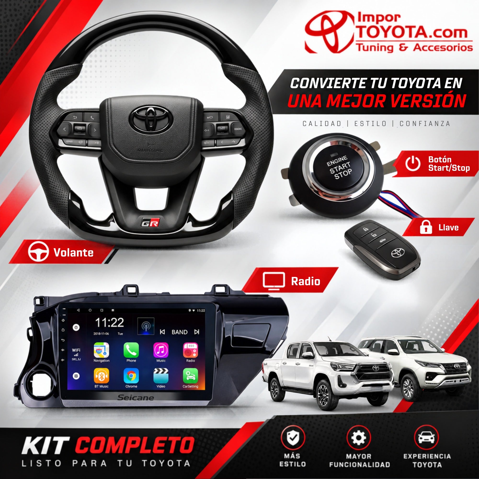 Kit Upgrade Interior Toyota completo - volante GR, botón Start/Stop, llave inteligente y radio Android - Hilux y Fortuner - Importoyota Colombia