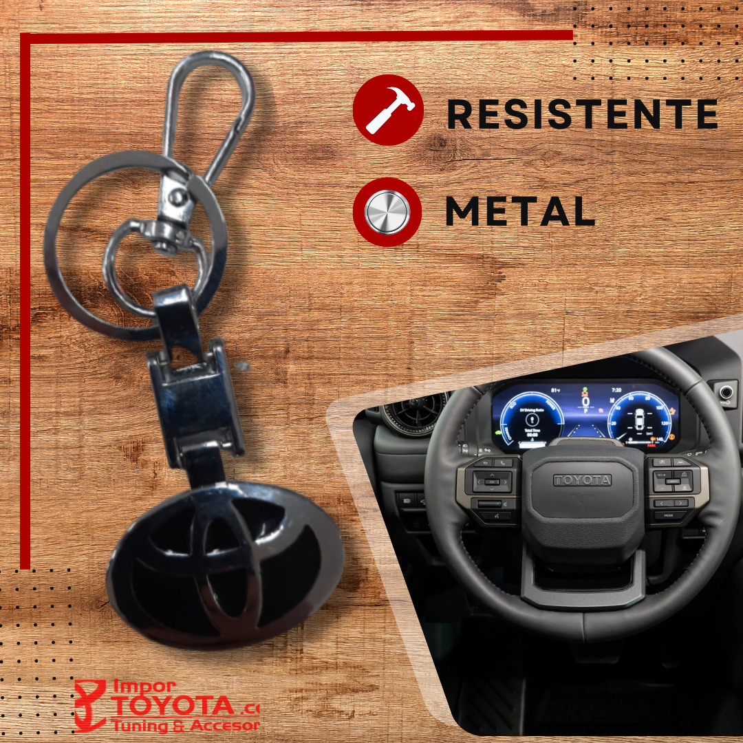 Llavero de metal con aro y gancho de logotipo en fondo negro