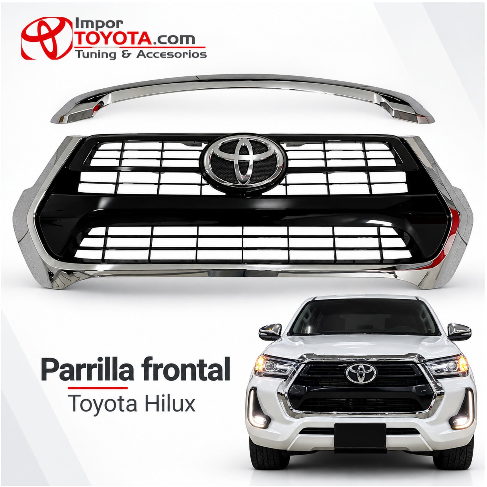 Persiana cromada Toyota Hilux Revo 2021-2025 con moldura superior e instalada en la camioneta