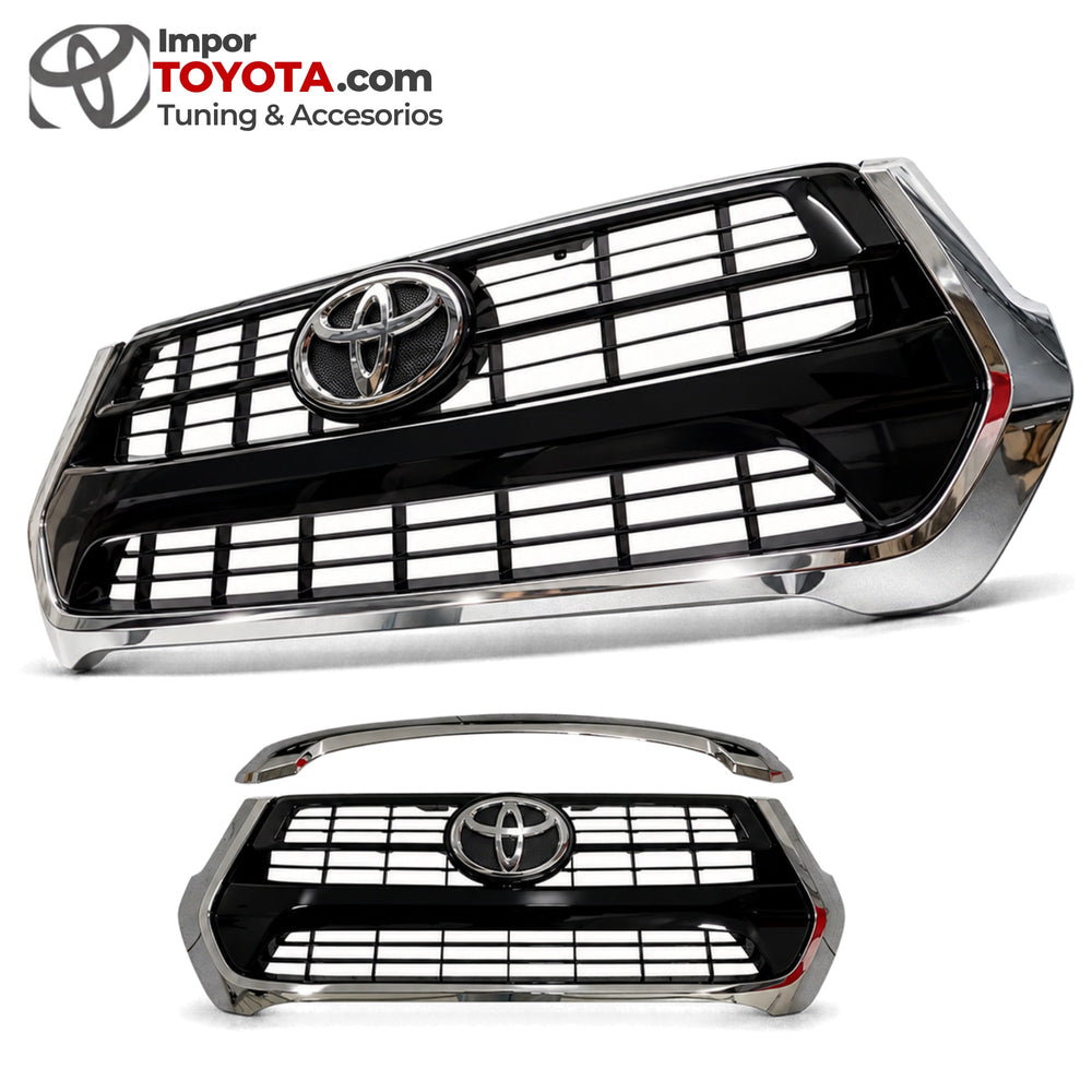 Persiana cromada Hilux Revo en negro brillante con marco cromado - vista lateral y frontal