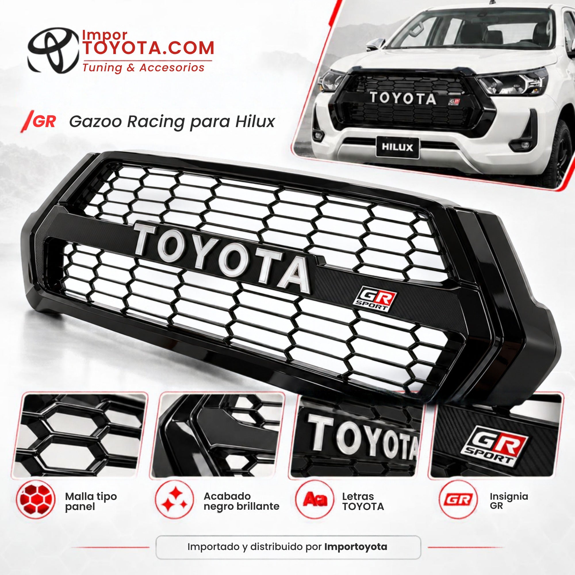 Detalle persiana GR Hilux: malla tipo panal, acabado negro brillante, letras TOYOTA e insignia GR Sport