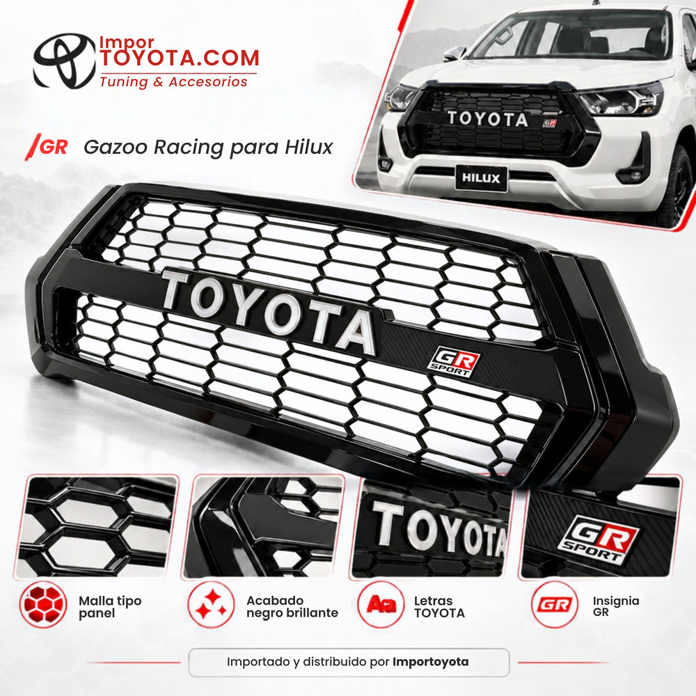 Detalle persiana GR Hilux: malla tipo panal, acabado negro brillante, letras TOYOTA e insignia GR Sport
