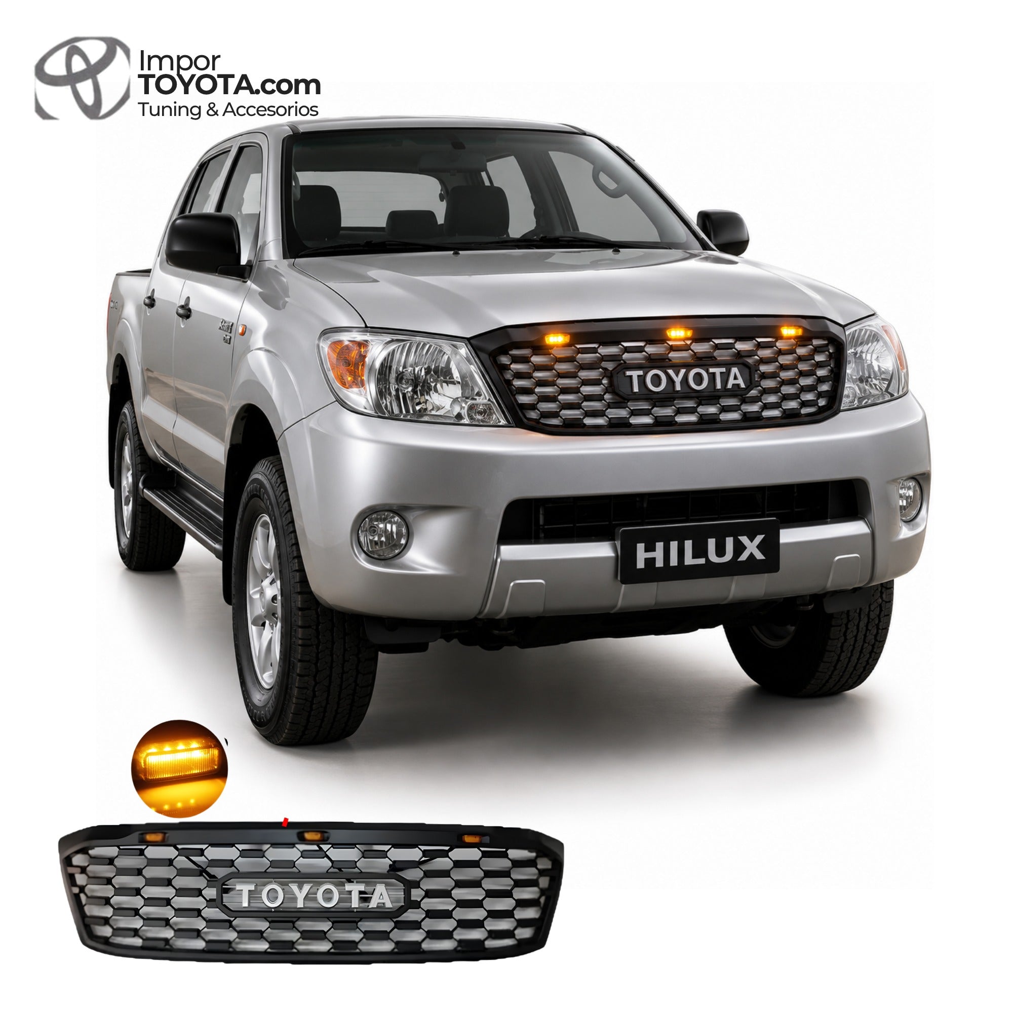 Persiana LED TRD Toyota Hilux Vigo 2007-2012 - instalada con letras TOYOTA y 3 LED ámbar - Importoyota