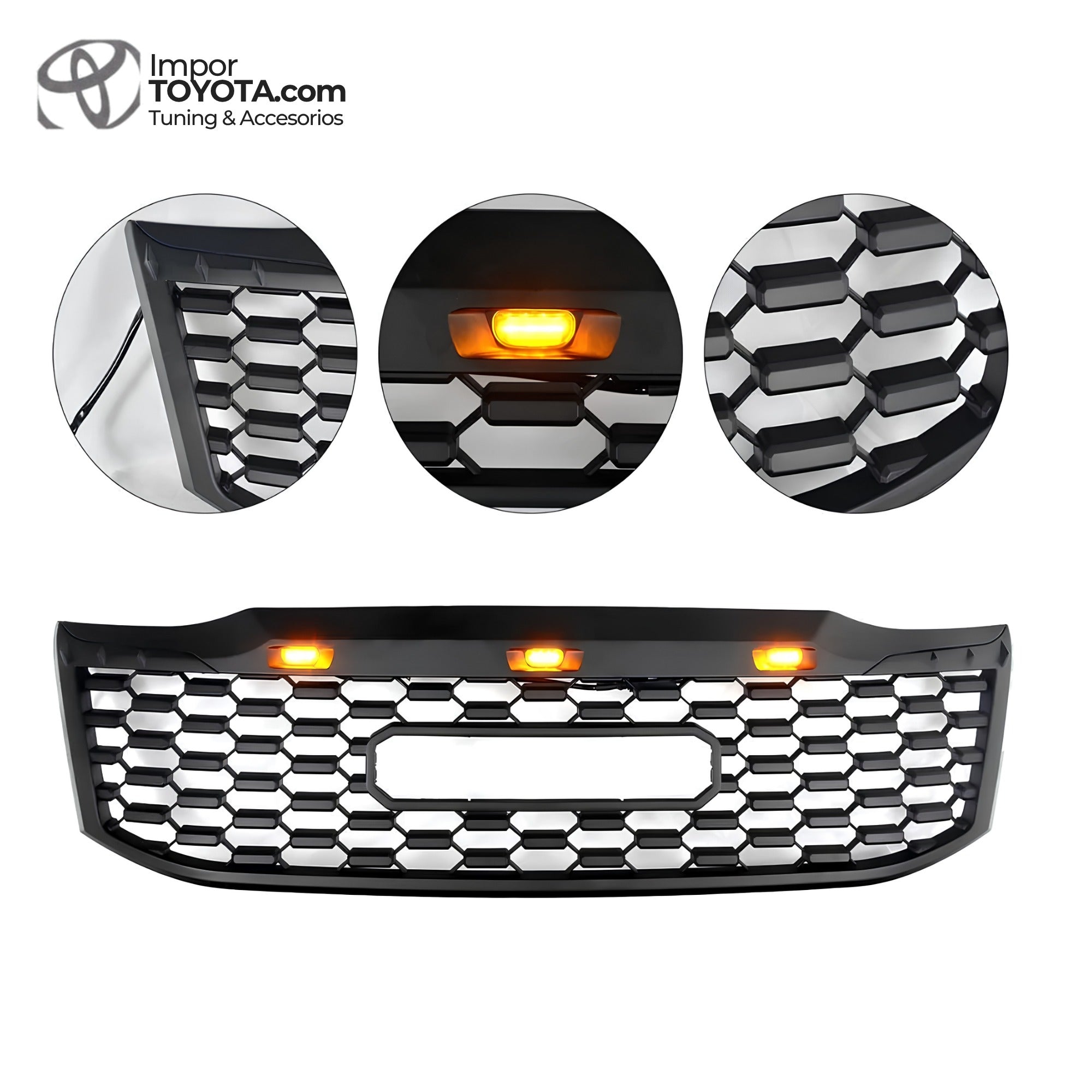 Persiana LED TRD Toyota Hilux Vigo 2007-2012 - detalle de LED ámbar y panal - Importoyota