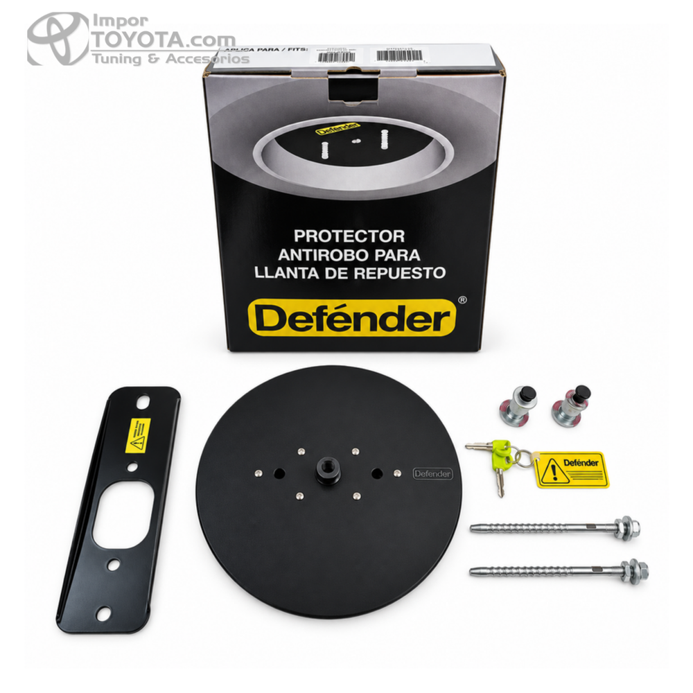 Protector antirrobo para llanta de repuesto Defender - empaque y contenido - Importoyota Colombia
