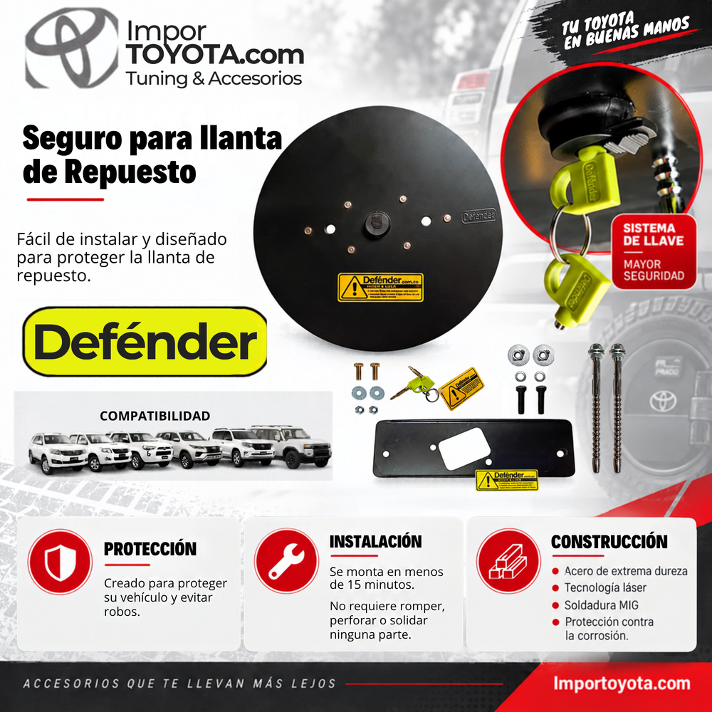 Seguro para llanta de repuesto Defender para Toyota Hilux, Fortuner, Prado y Land Cruiser - Importoyota Colombia
