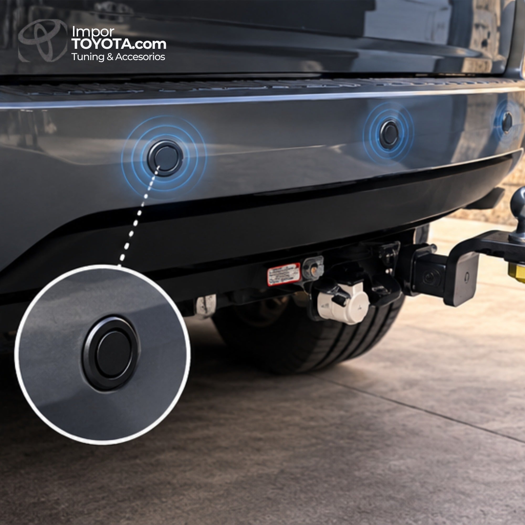 Sensor de reversa instalado en el bumper trasero, acabado negro estilo OEM - Importoyota