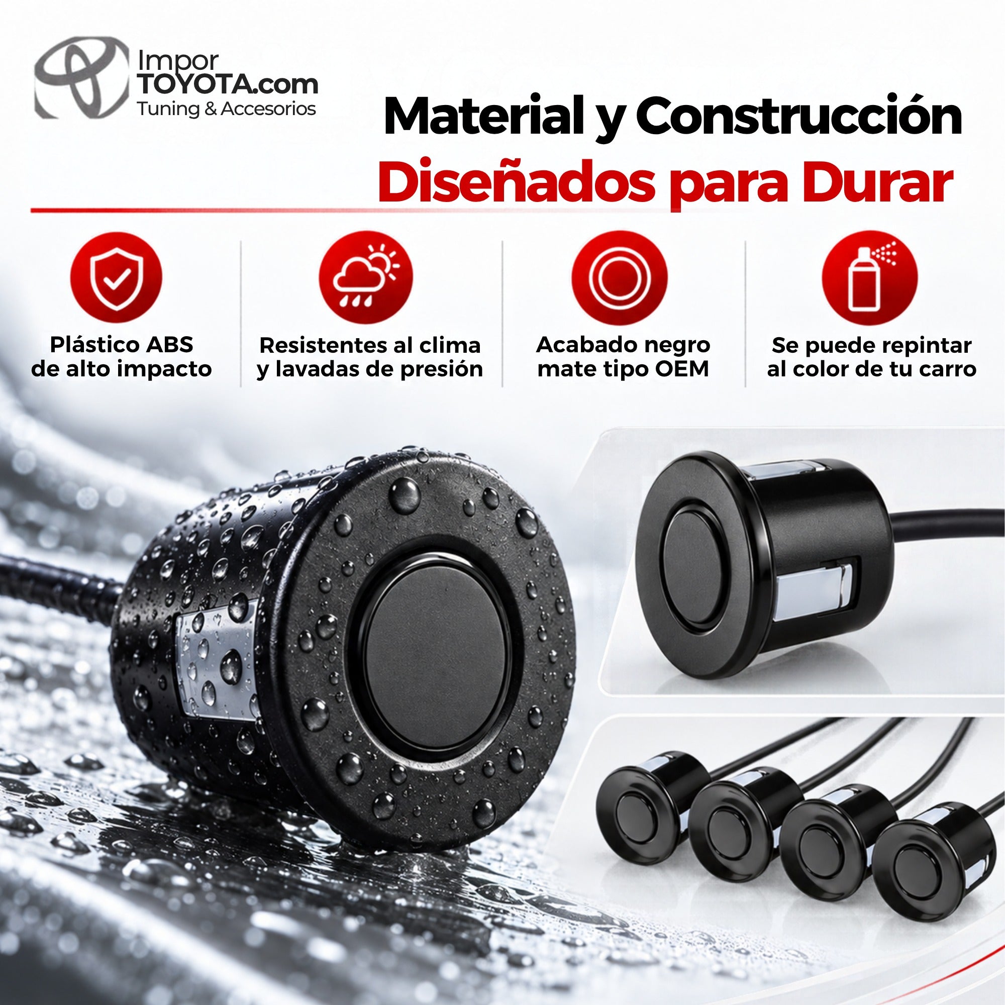 Sensores de reversa en plástico ABS resistentes al clima, acabado negro mate repintable - Importoyota