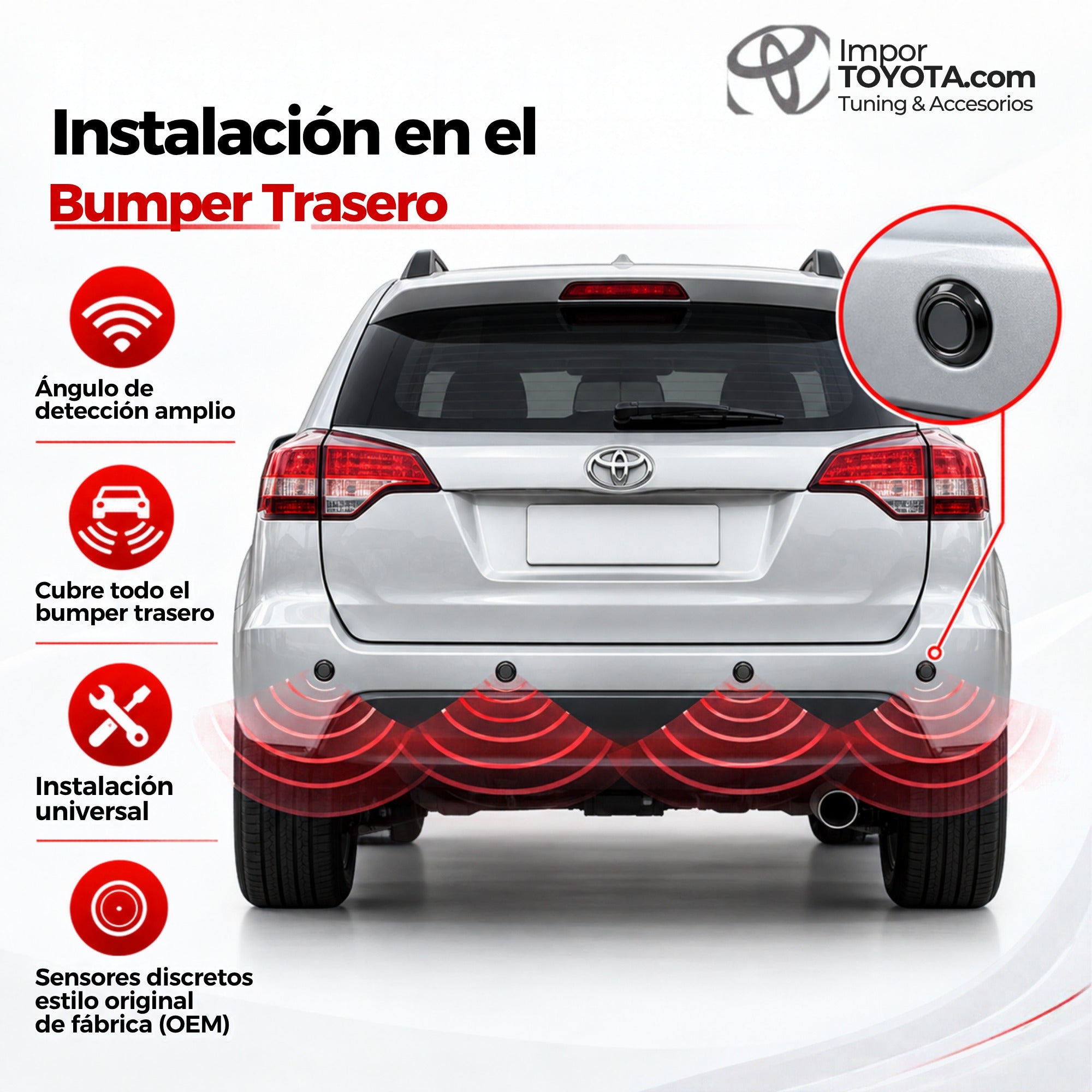 Instalación de sensores de reversa en el bumper trasero Toyota, ángulo de detección amplio - Importoyota