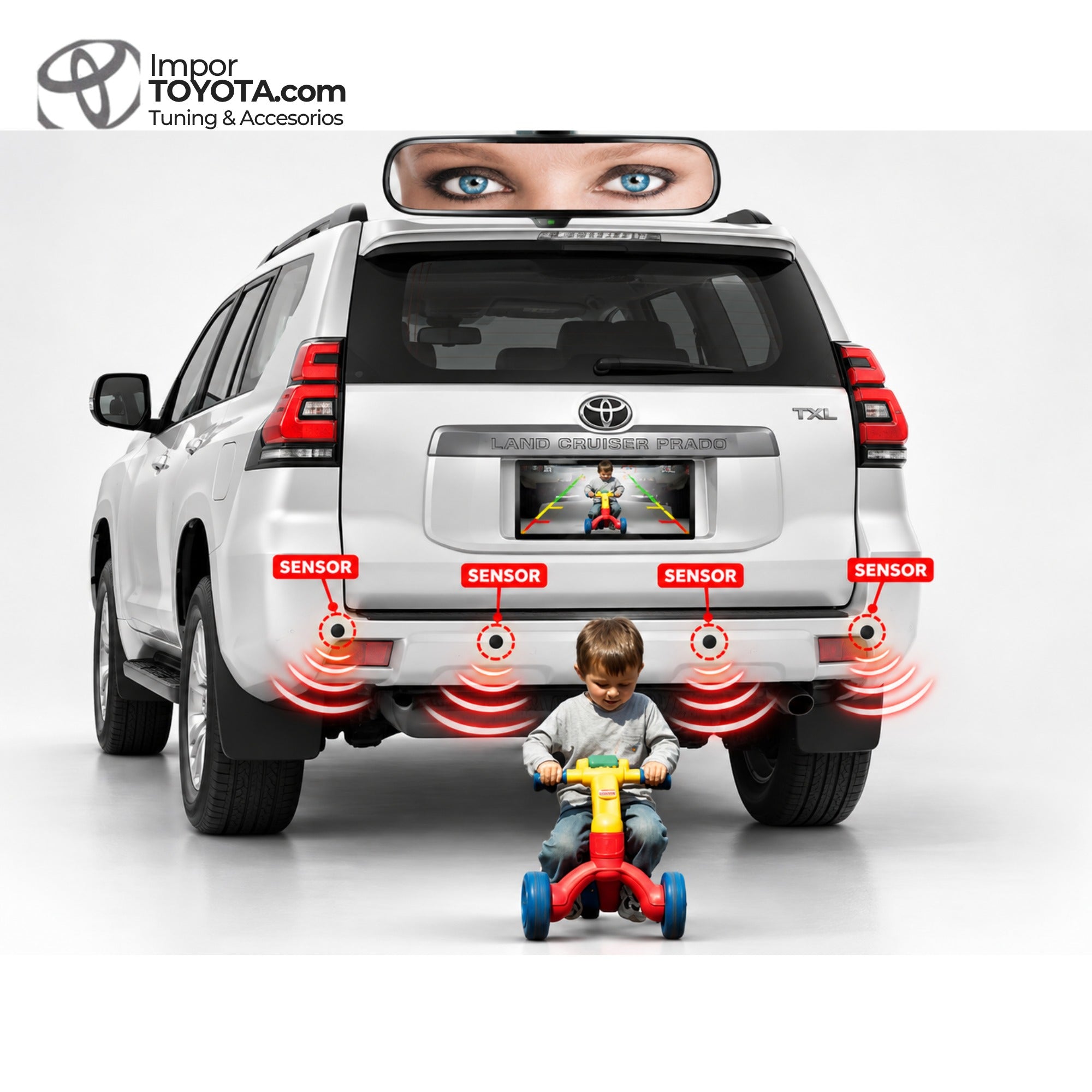 Sensores de reversa en Toyota Land Cruiser Prado detectando un obstáculo detrás del vehículo - Importoyota