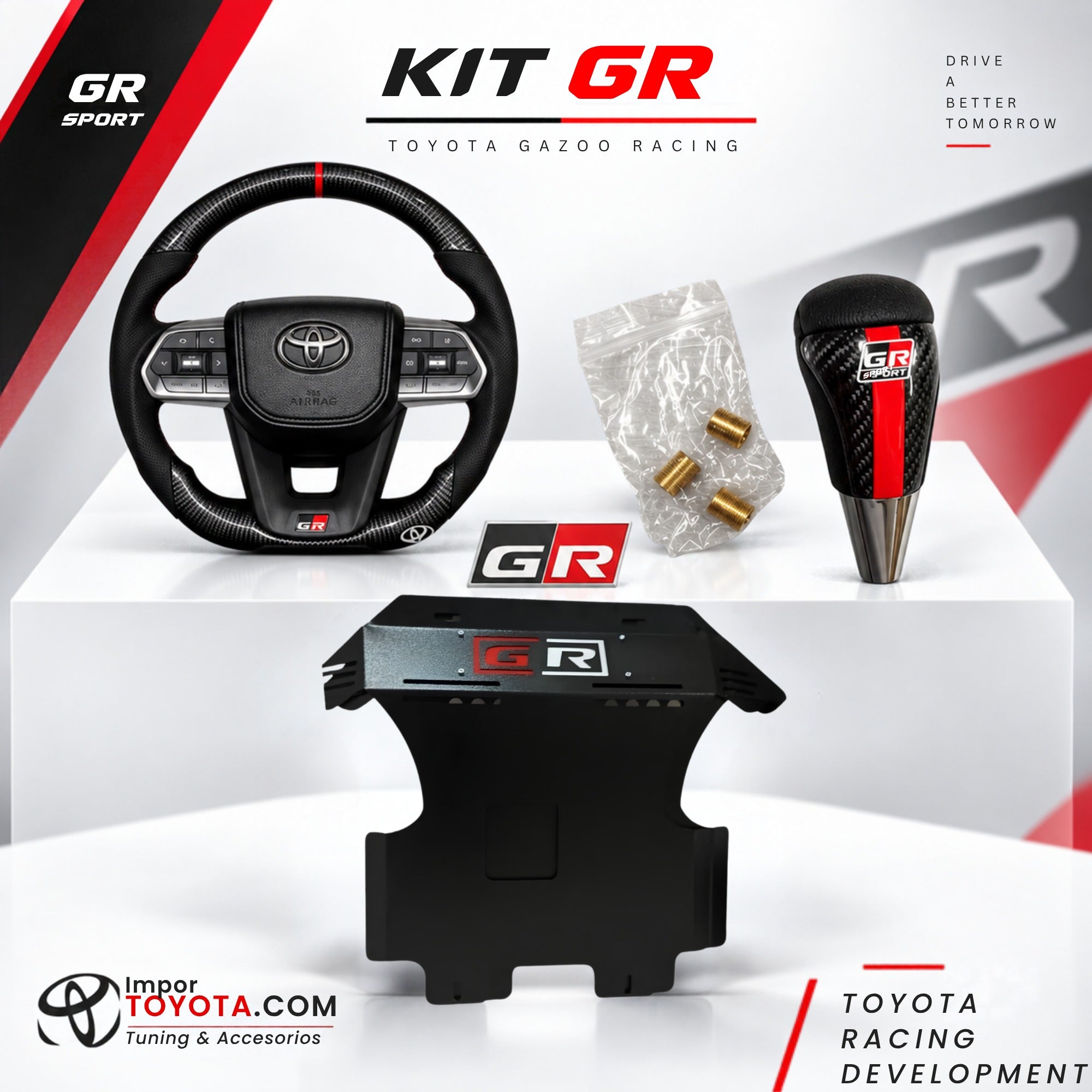 Set GR Gazoo Racing para Toyota Hilux/Fortuner - timón GR Racing, pomo GR, emblema GR y pechera GR - Importoyota Colombia