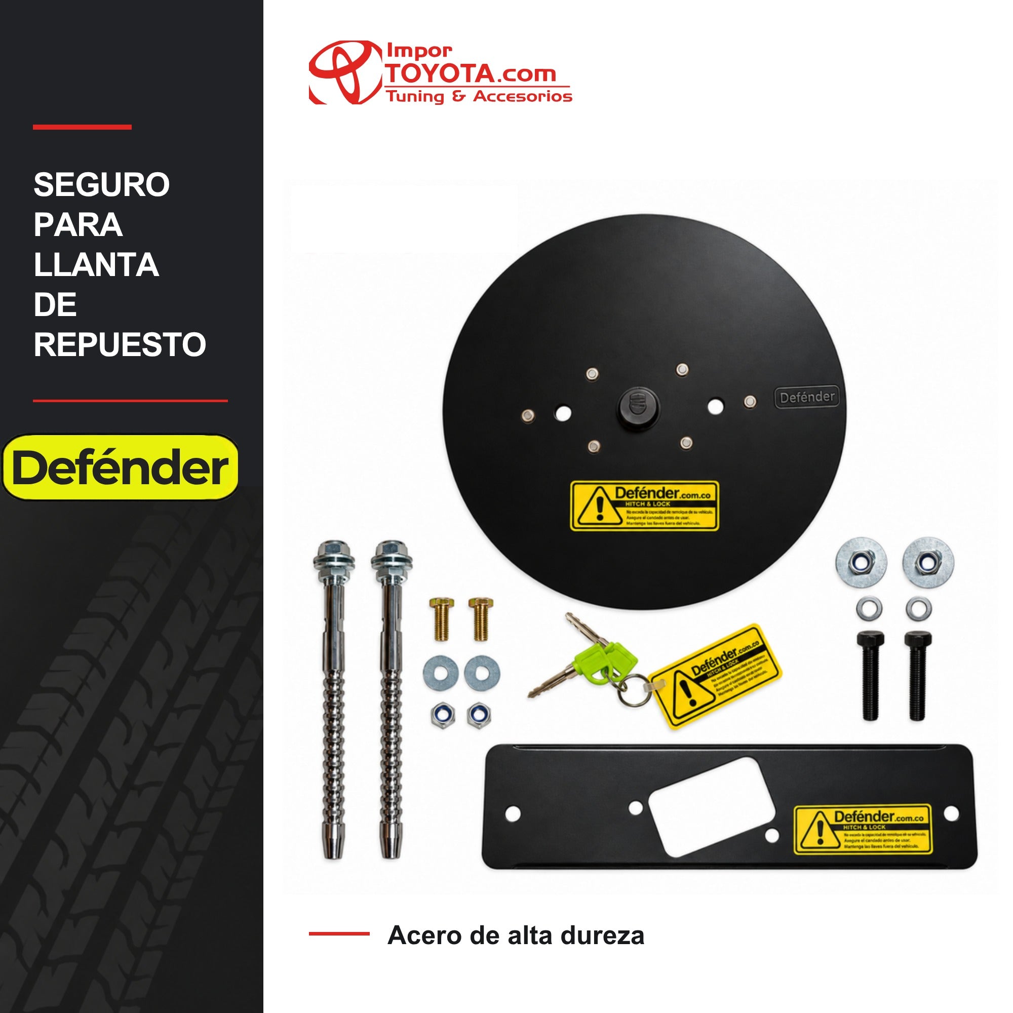 Seguro para llanta de repuesto Defender con placa, soporte, llaves y accesorios - Importoyota