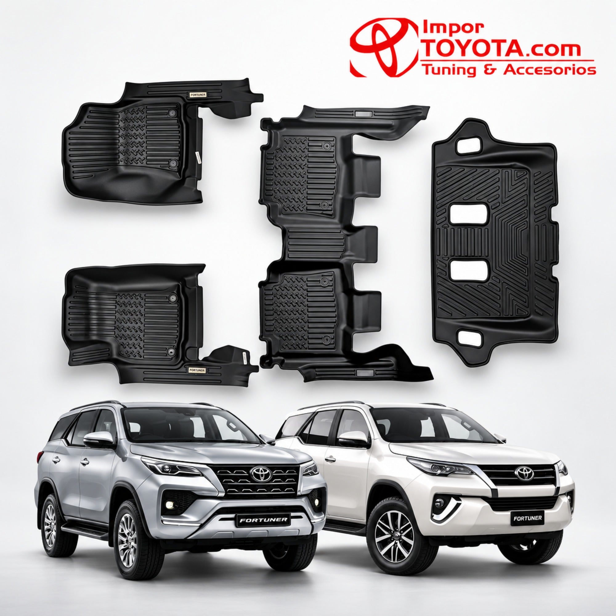 Tapete termoformado 5D Toyota Fortuner 1+2+3 fila 2016-2024+ - juego completo 1era, 2da y 3era fila - Importoyota