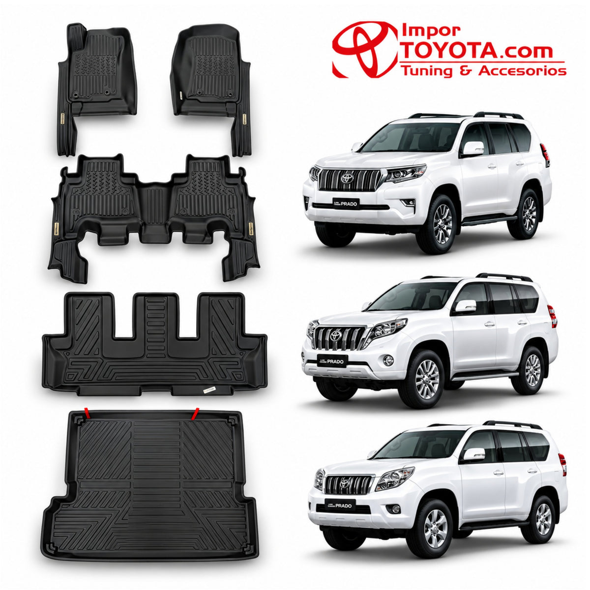 Tapete termoformado 5D Toyota Prado 1+2+3 fila y baúl 2010-2024 - juego completo 1era, 2da, 3era fila y baúl - Importoyota