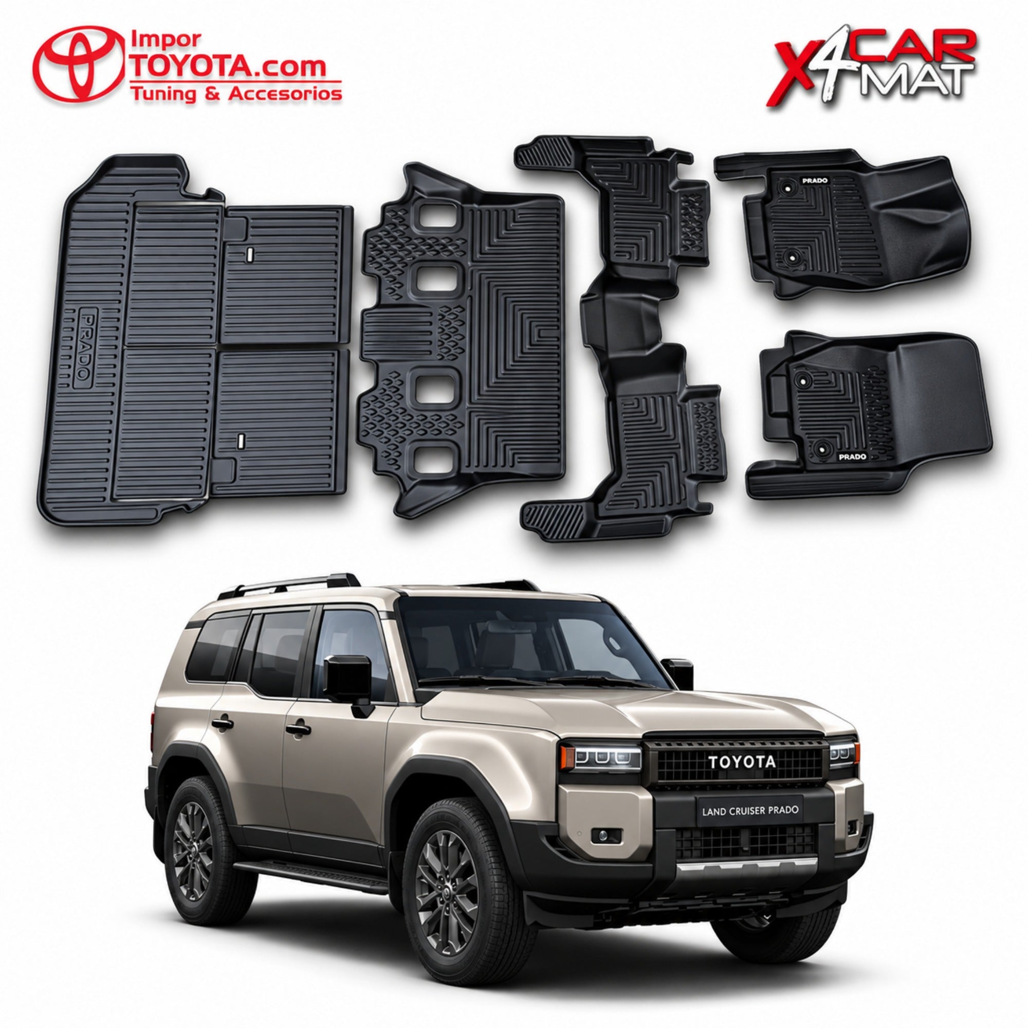 Tapete termoformado 5D Toyota Prado LC250 1+2+3 fila y baúl - juego completo 1era, 2da, 3era fila y baúl - Importoyota