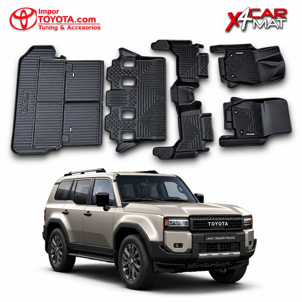 Tapete termoformado 5D Toyota Prado LC250 1+2+3 fila y baúl - juego completo 1era, 2da, 3era fila y baúl - Importoyota
