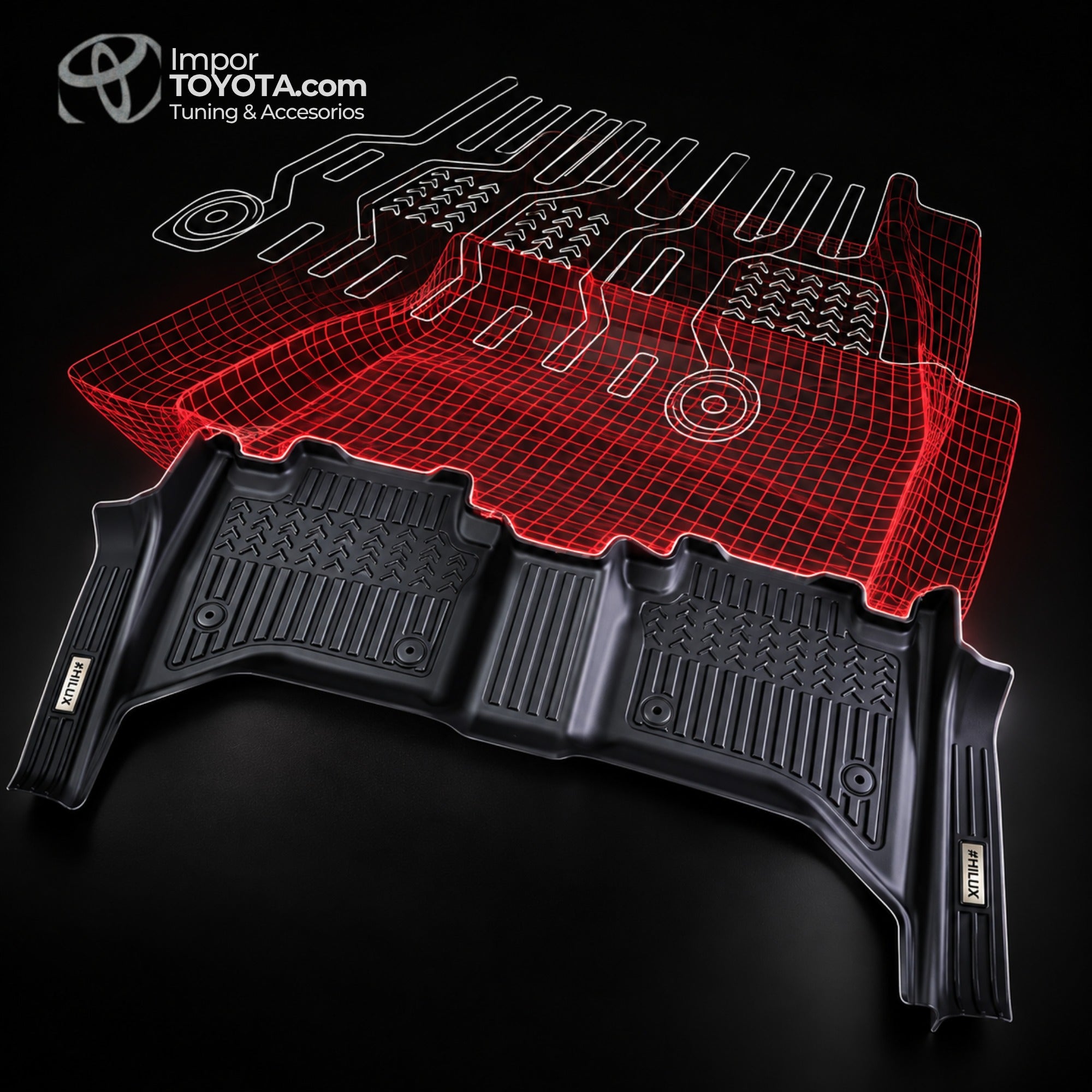 Tapete termoformado 5D Toyota Prado LC250 1+2+3 fila y baúl - diseño 3D escaneado a medida - Importoyota