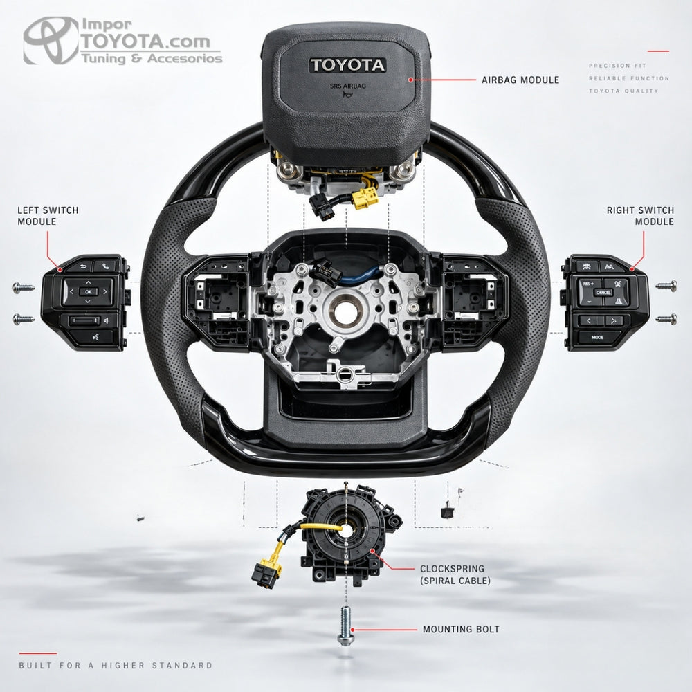 Despiece timón tipo GR 2026 Toyota: módulo airbag, controles laterales, clockspring y tornillo de montaje