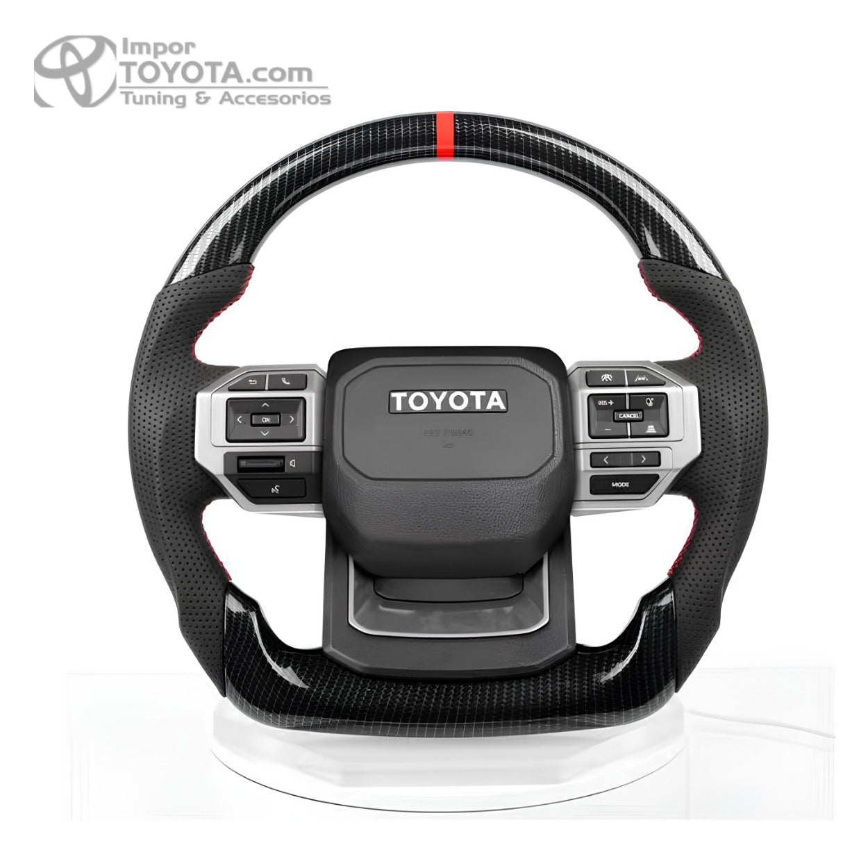 Timón tipo GR 2026 para Toyota en fibra de carbono con marca central y costuras rojas - Importoyota