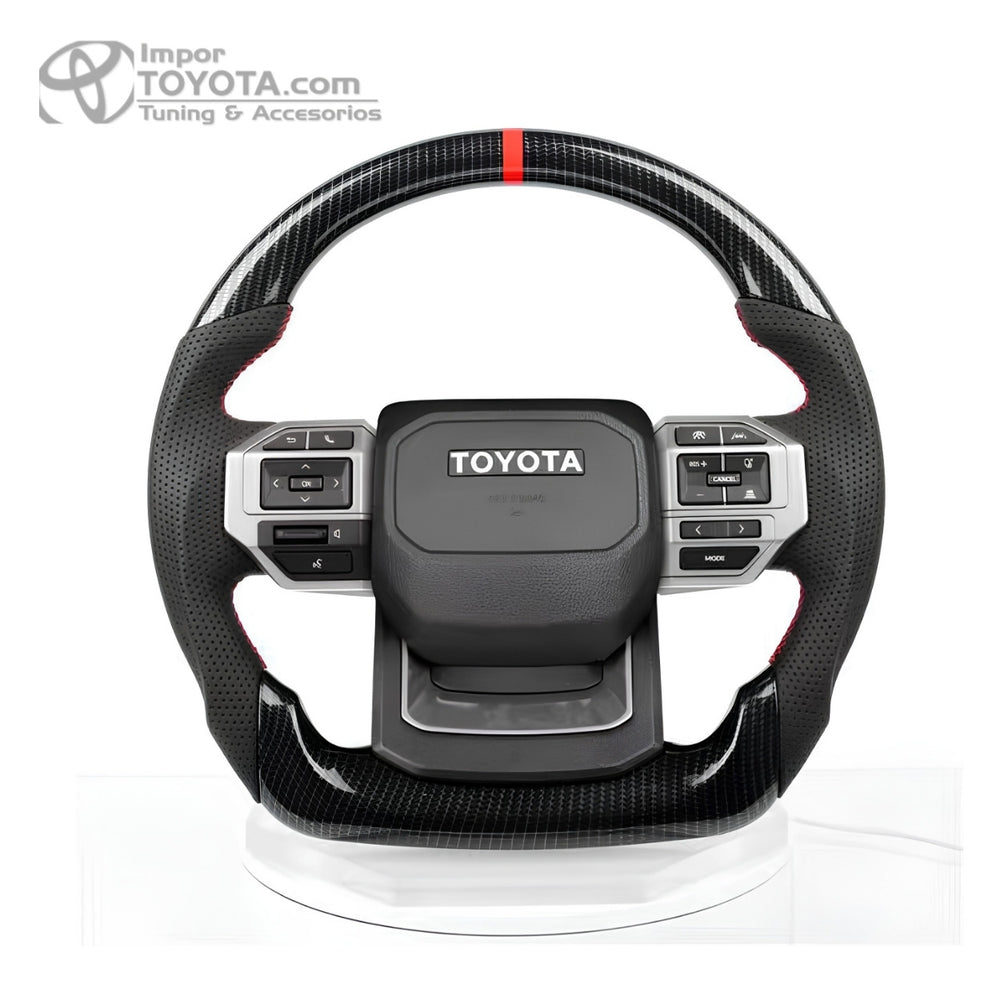 Timón tipo GR 2026 para Toyota en fibra de carbono con marca central y costuras rojas - Importoyota