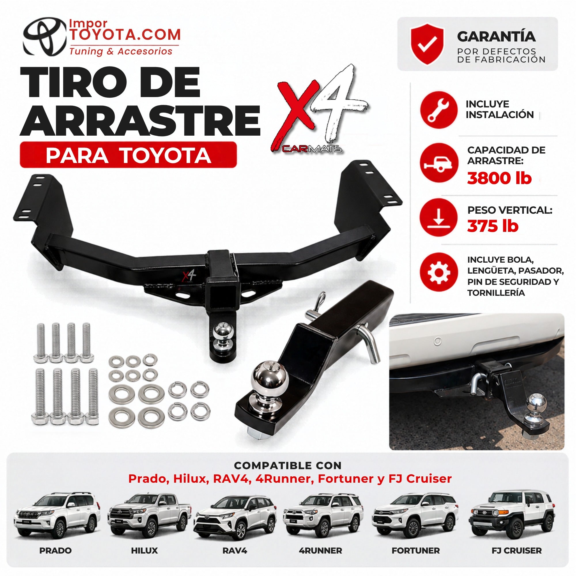 Tiro de arrastre X4 para Toyota: 3800 lb de arrastre, incluye bola, lengüeta, pasador, tornillería e instalación