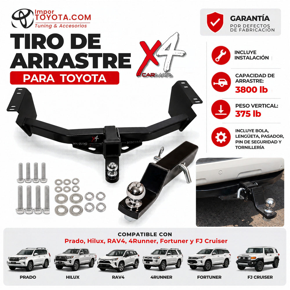 Tiro de arrastre X4 para Toyota: 3800 lb de arrastre, incluye bola, lengüeta, pasador, tornillería e instalación