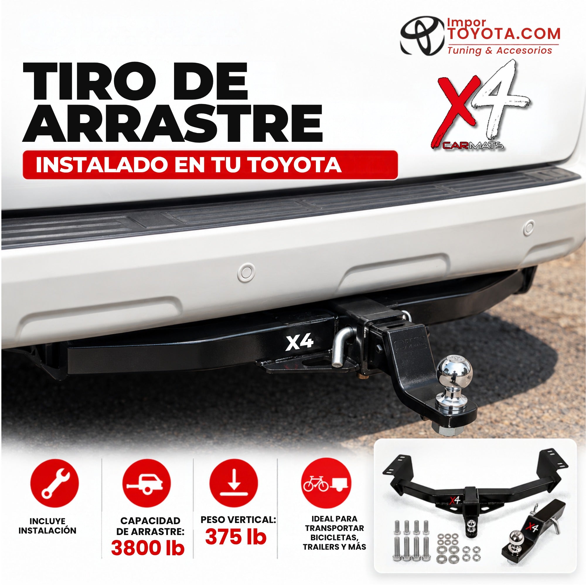 Tiro de arrastre X4 instalado en tu Toyota - ideal para bicicletas y trailers