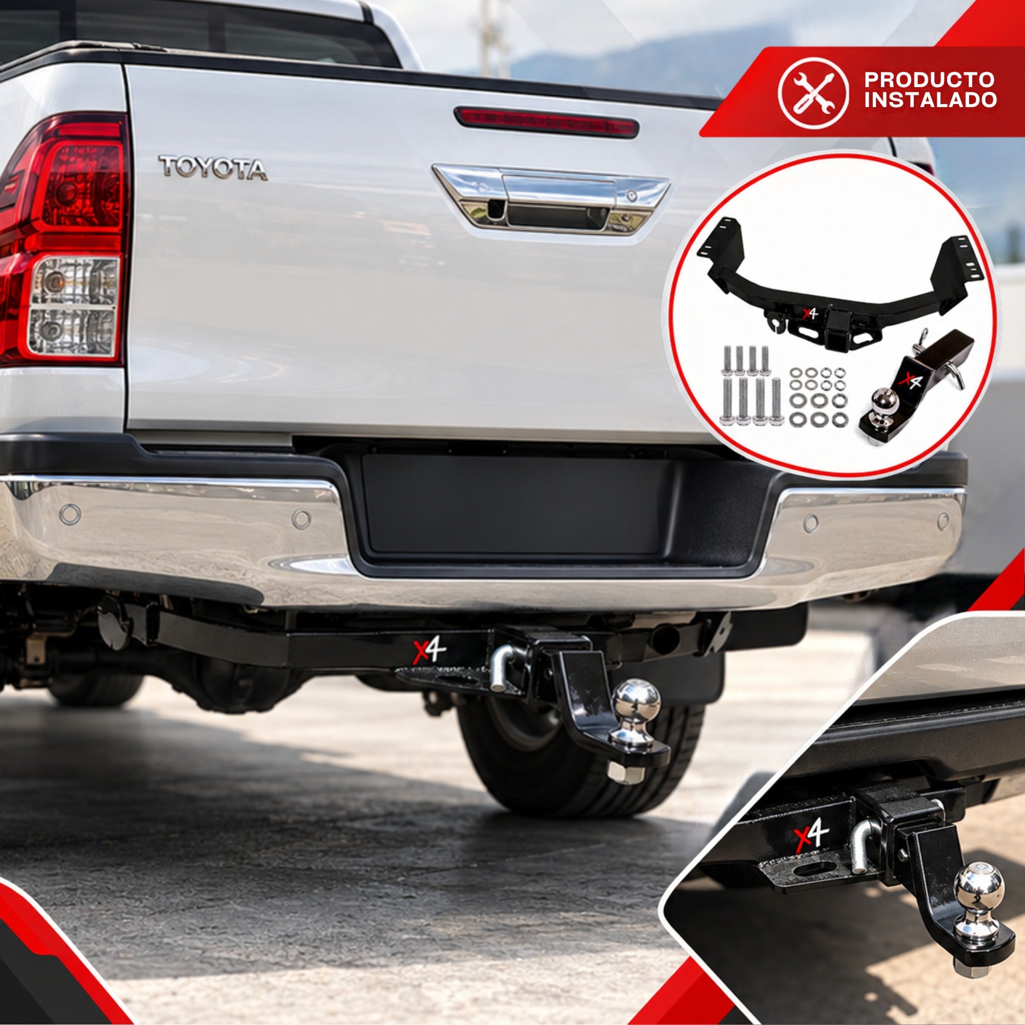 Tiro de arrastre X4 instalado en Toyota Hilux con kit completo