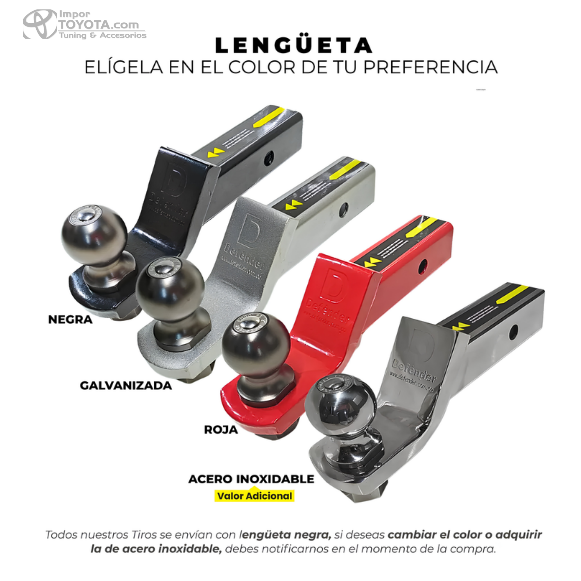 Lengüeta del Tiro de Arrastre Defender - negra, galvanizada, roja o acero inoxidable - Importoyota Colombia