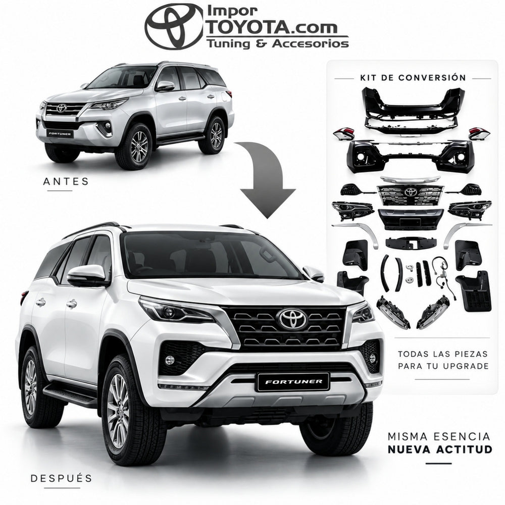 Transformación cambio de frente Fortuner 2017-2020 a 2024: antes y después con kit de conversión completo - Importoyota Colombia