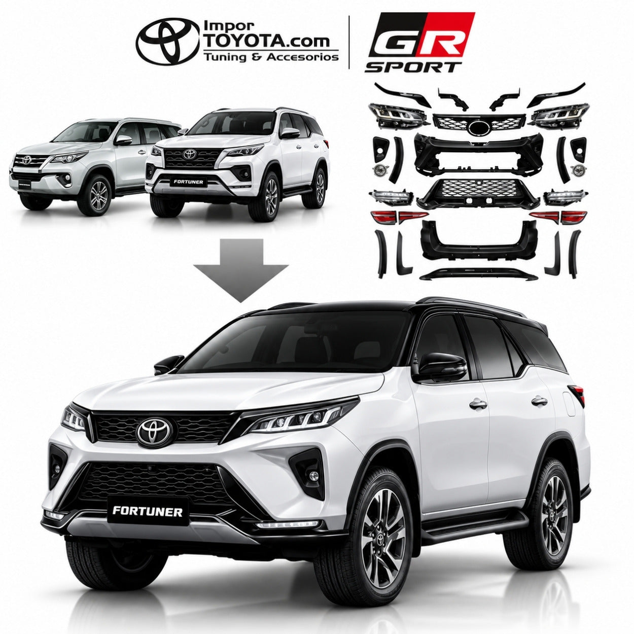 Transformación Fortuner 2017-2024 a Fortuner GR Sport 2024: antes y después con kit completo - Importoyota Colombia