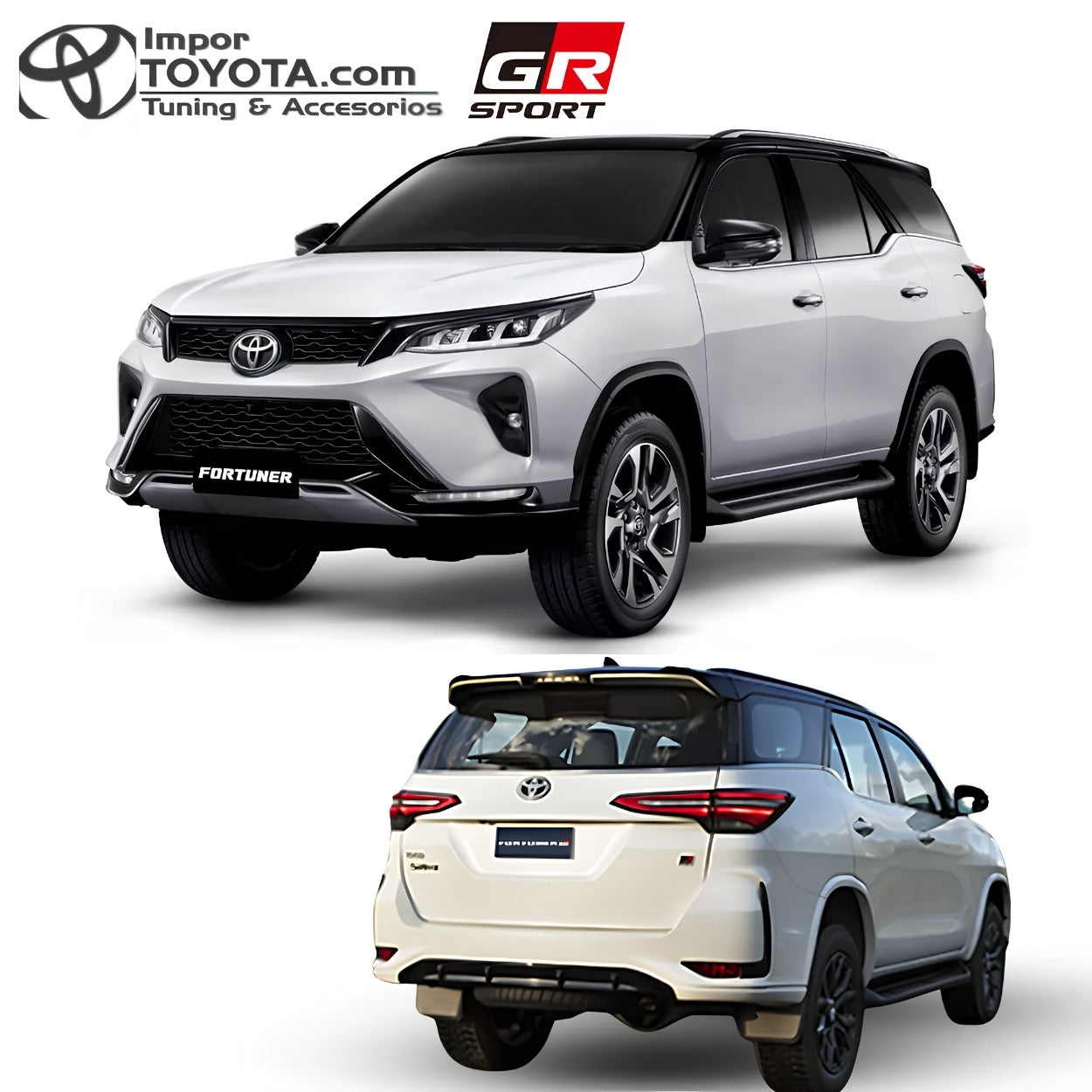 Fortuner GR Sport 2024 con transformación instalada, vista frontal y trasera - Importoyota